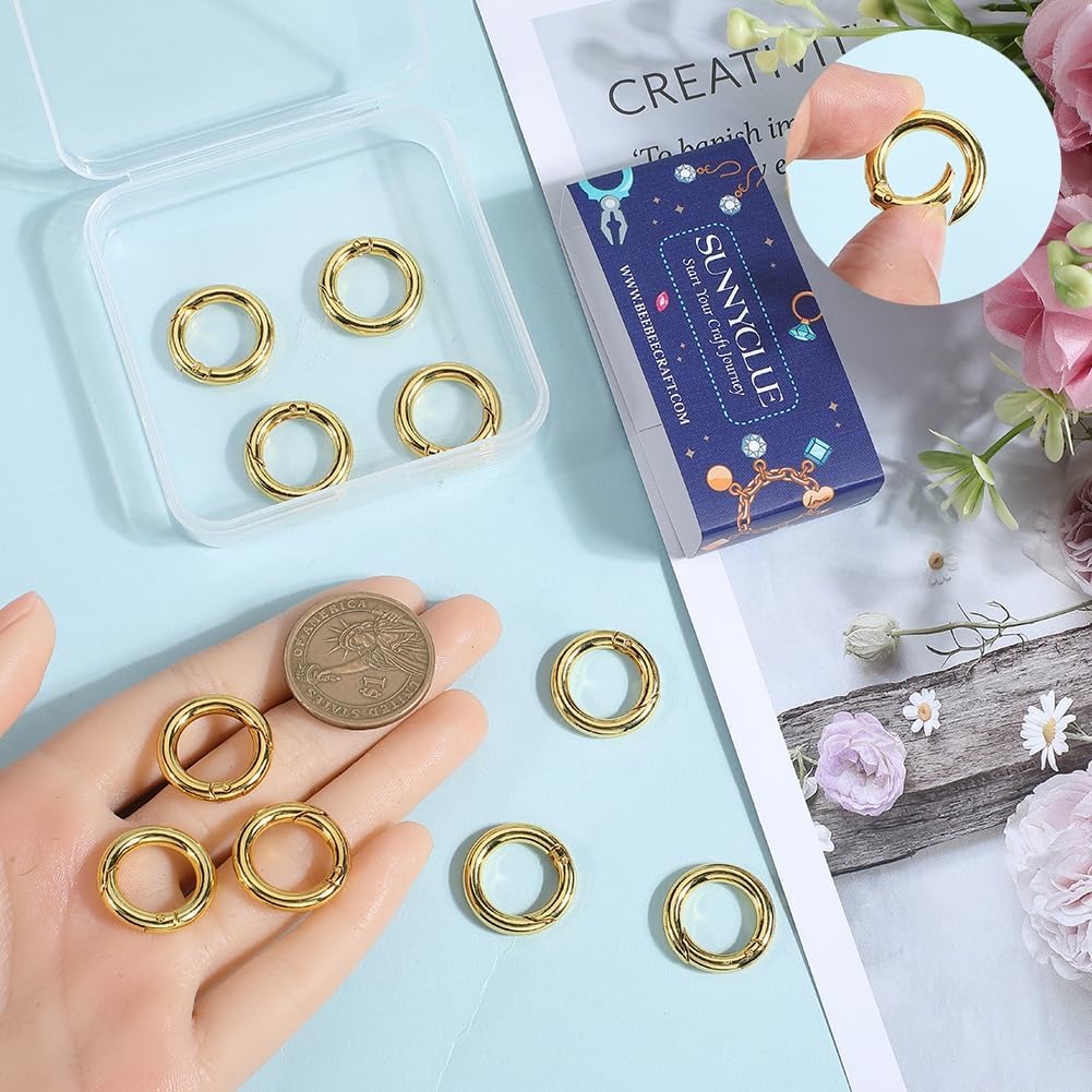 SUNNYCLUE 1 Box 12Pcs Real 18K Gold Plated Spring O Rings Round Snap Hook Carabiner Brass 20mm Circle Trigger Gate Ring Keyring Buckle Clasps for Purse Jewelry Bags Lanyard Keychain Supplies DIY Craft