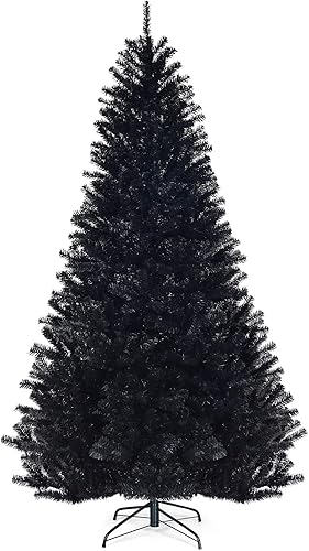 Goplus Árbol de Navidad negro sin luz, de 7.5 pies, árbol de Halloween artificial con 1258 puntas de rama, soporte de metal, árbol completo de