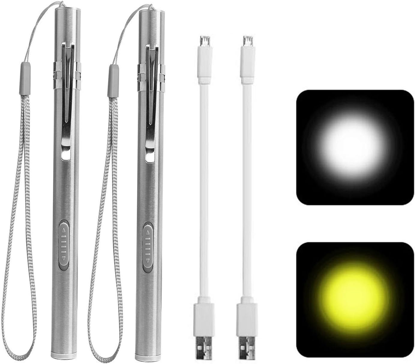 Pen Lights for Nurses USB Rechargeable LED Medical Pen Light Flashlights White/Yellow Light available in One Pack（2）