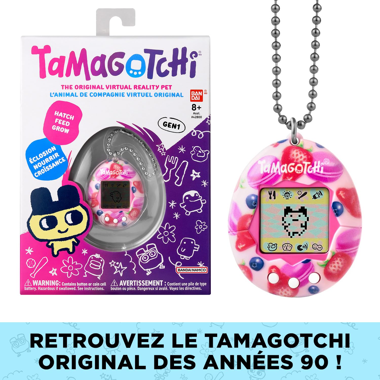 Bandai – Tamagotchi Original – Berry Delicious – Animal interactif avec écran LCD en Français, 3 Boutons et Mini-Jeux – Idée Cadeau Jeu Animal virtuel – Jouet Enfant 8 Ans et + – 42971