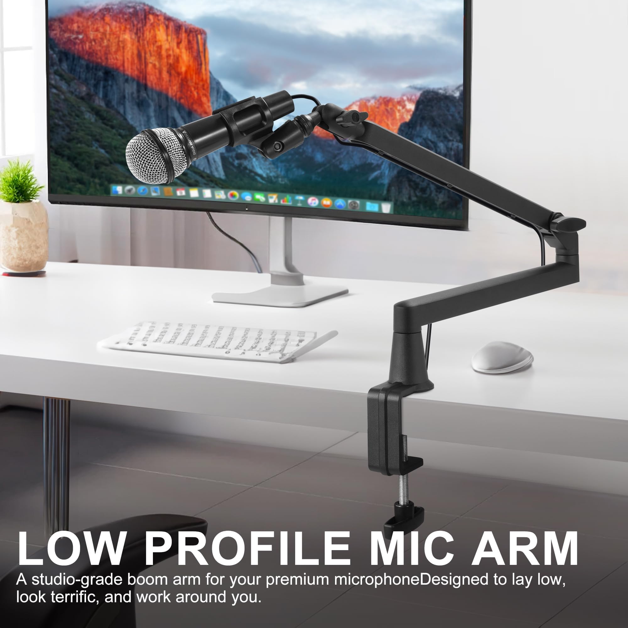 Brazo de micrófono de perfil bajo, soporte de micrófono ajustable de metal sólido montado en el escritorio, brazo de brazo de gestión de cables, soporte flexible para micrófono de escritorio