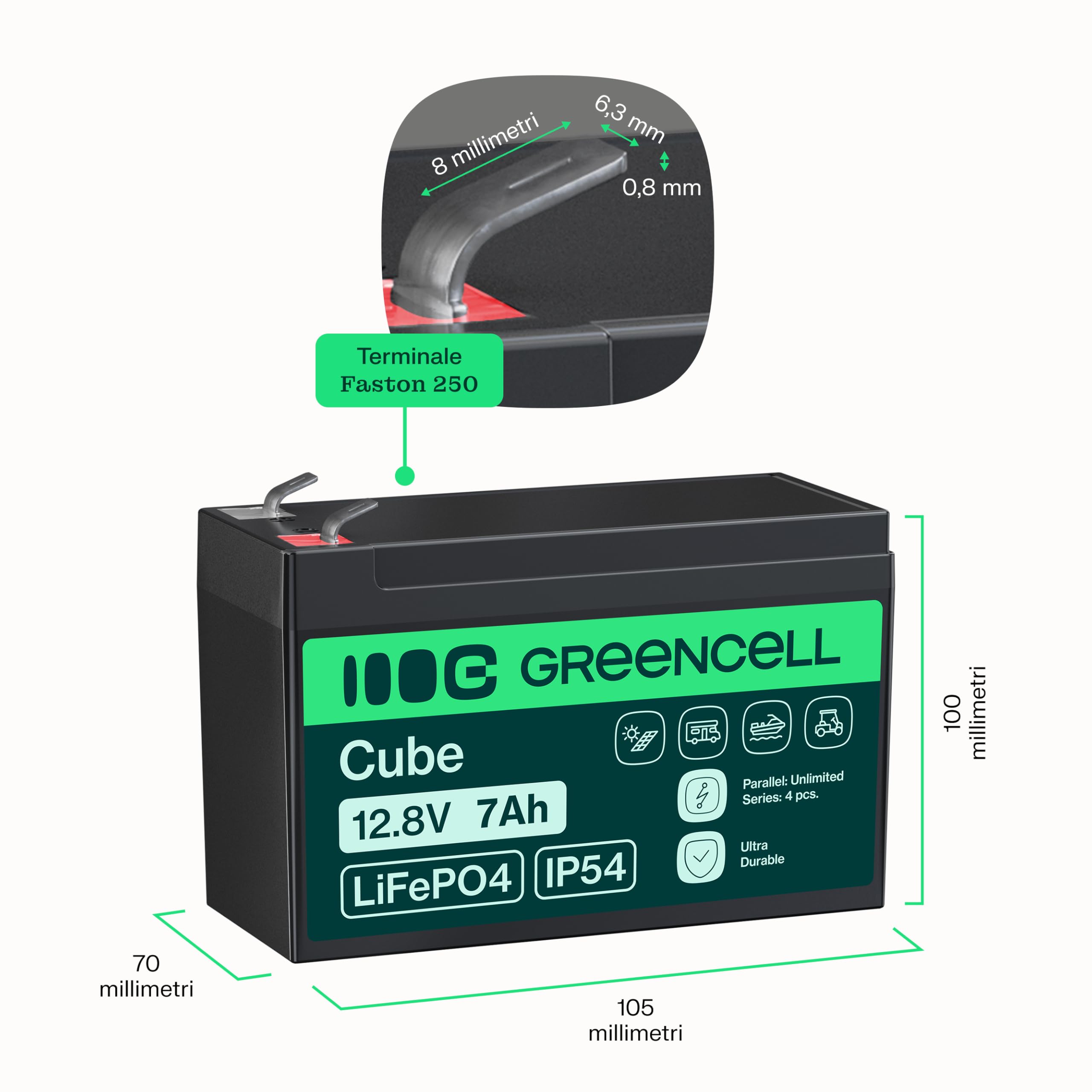 Green Cell Cube Batteria LiFePO4 12,8V 7Ah con BMS per Camper e Barca