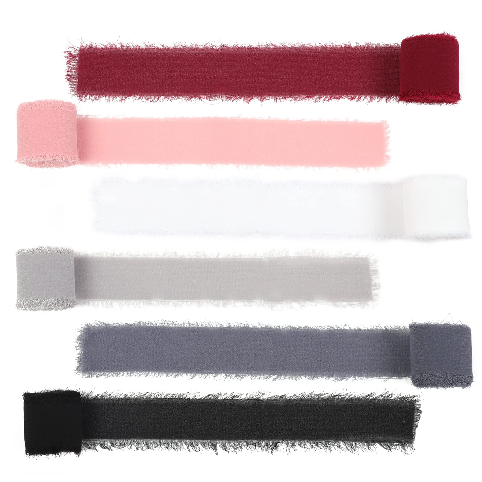 6 Rolls Handmade Fringe Chiffon Silk Ribbons 1.5" x 5 Yd Frayed Edge Ribbon for Gift Wrapping, DIY Crafts, Weddings, Bouquets, Holiday Party Decorations(6 Colors)