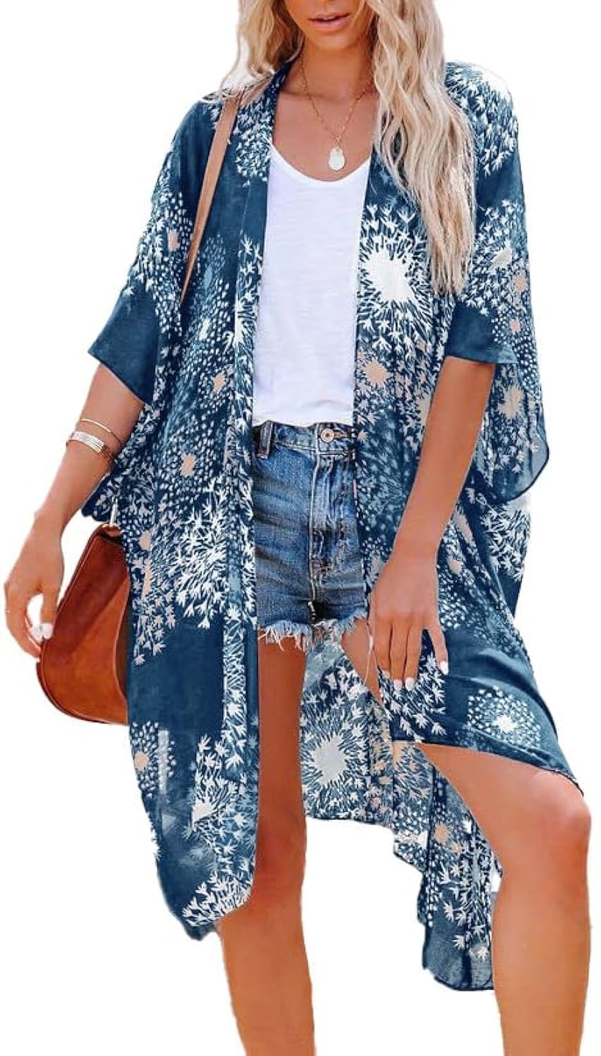 Women's Floral Print Puff Sleeve Kimono Cardigan Loose Cover Up Casual Blouse Tops