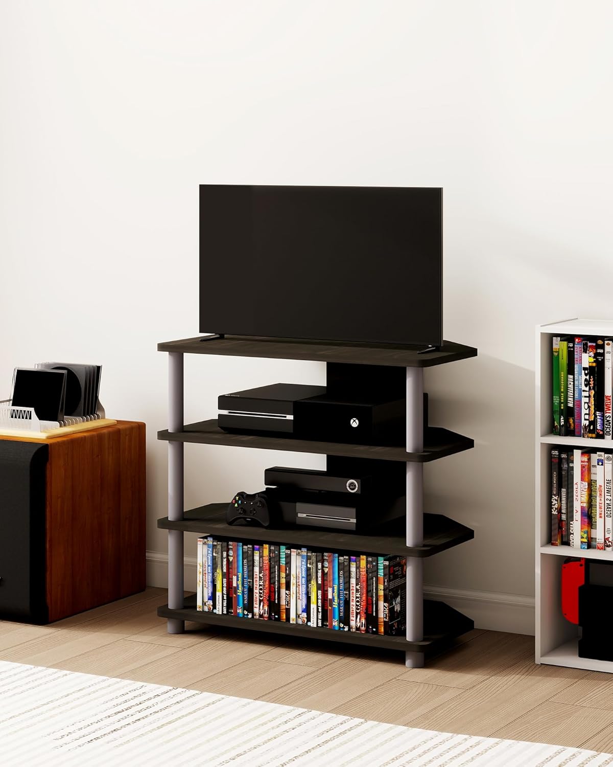 Game Console Stand, 4-Tier Small Entertainment Stand with Open Shelves, Media Center for Bedroom Dorm Living Room, Fits TV up to 32”
