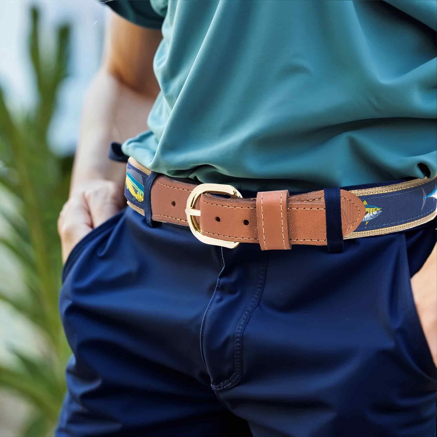 ZEP-PRO Offshore Slam Men's Woven Ribbon Belt – Repeating Game Fish Design With Tan Full Grain Leather Tabs – 1.25" Wide Outdoor Lifestyle Accessory, Size 34 - Image 5