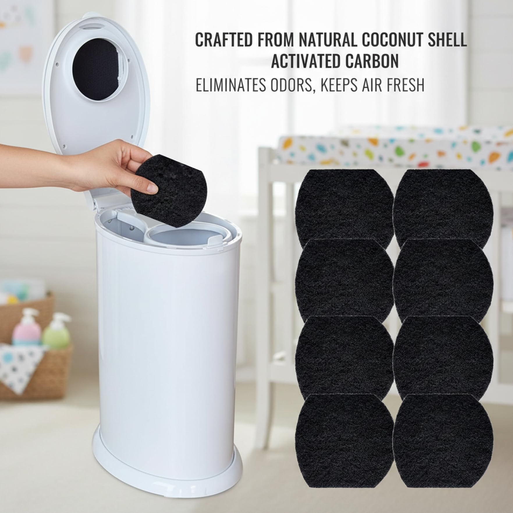 Desodorante de cubo de pañales de 8 piezas, eliminadores de olores de cubo de pañales, filtros de carbón absorbentes de olores de carbón activado para eliminadores de botes de basura de de