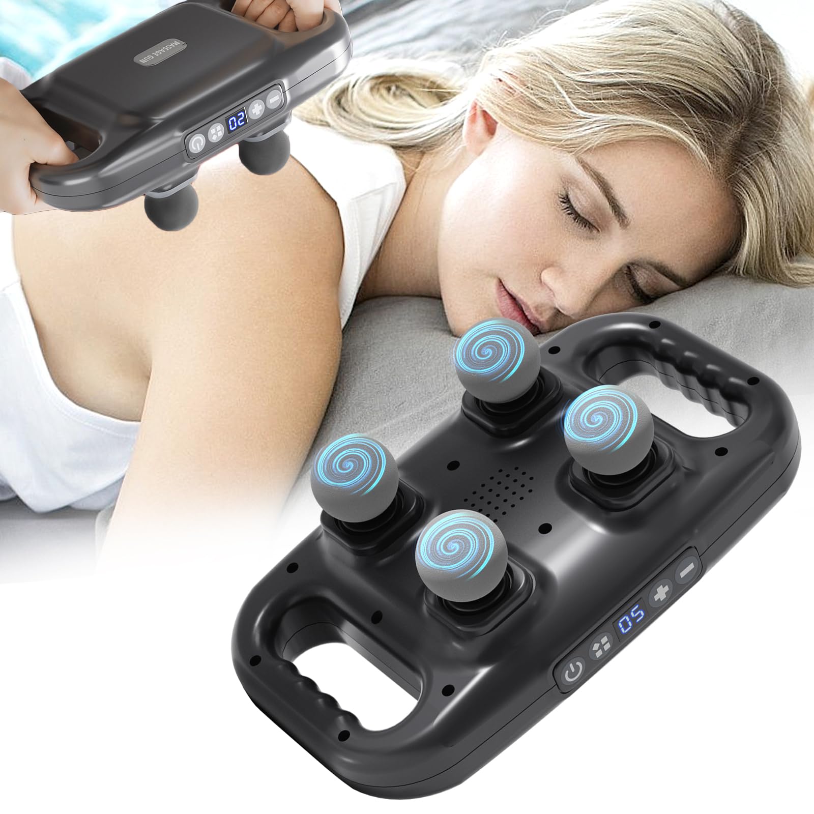 TUSAUW 4-Head Massage Gun Deep Tissue, Muscle Massager 20 Intensities & 6 Massage Modes, 4-Head Back Massager for Pain Relief in Back, Leg, Neck, Shoulder and Body, Black