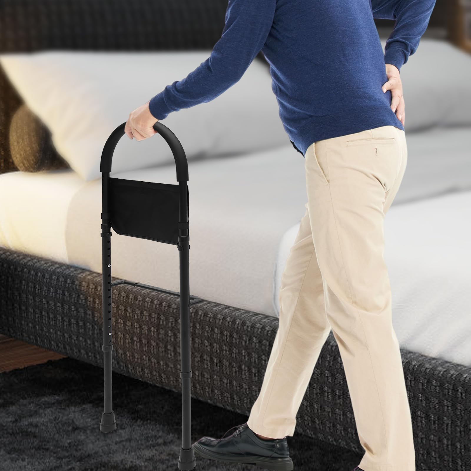 Barandilla de cama 2 en 1, barandillas de cama para adultos mayores, barandilla de cama de seguridad de altura ajustable, barra de pasamanos de asistencia segura con bolsa de almacenamiento, capacid