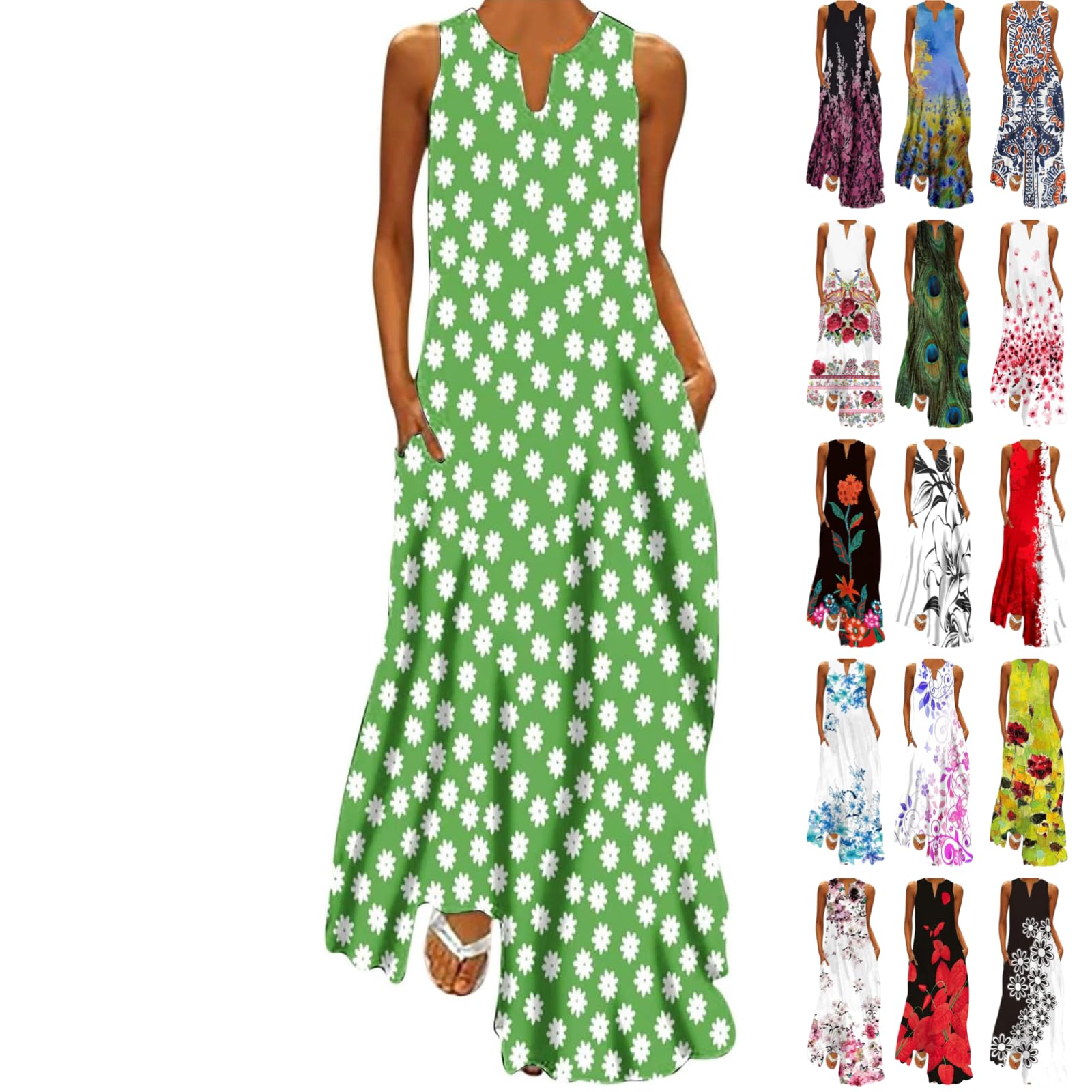 MaMiDayWomen's Fashion Maxi Dresses Floral Boho Summer Dress Printed V Neck Sleeveless Casual Vacation Sundress with Pockets