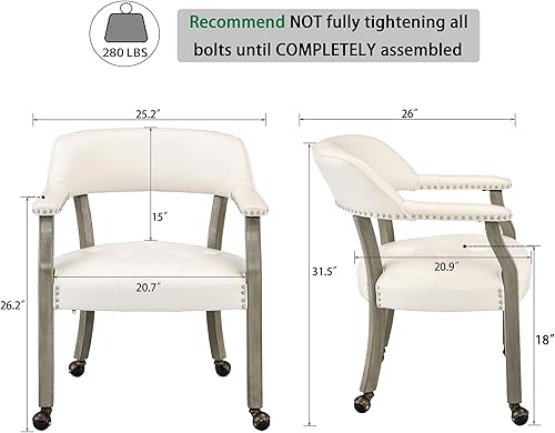 Miniatura 3 de MODERION SY1318WT - Silla de comedor con ruedas y brazos, silla de capitán de madera maciza, silla giratoria de escritorio de oficina, tapizada,