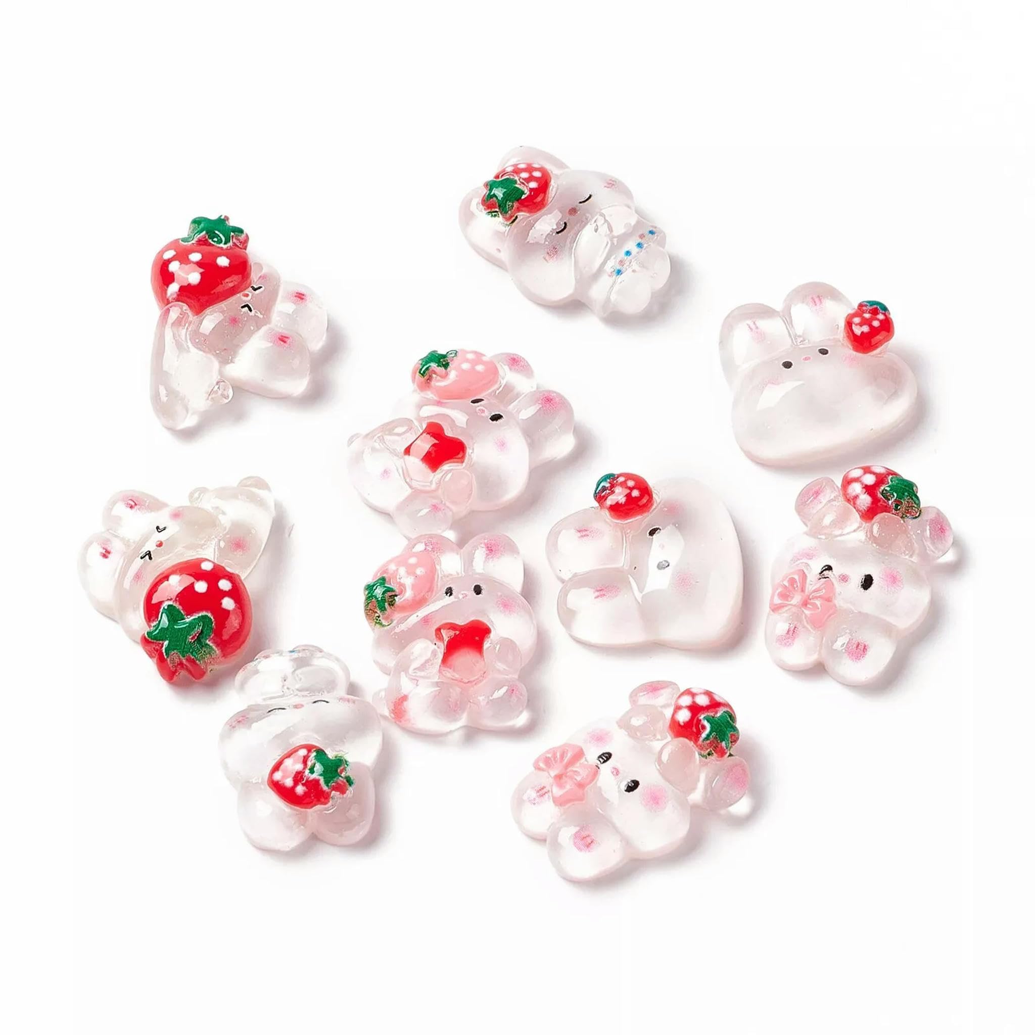 Cabochons en résine translucide de finition supérieure, motifs lapins et fraises pour bijoux