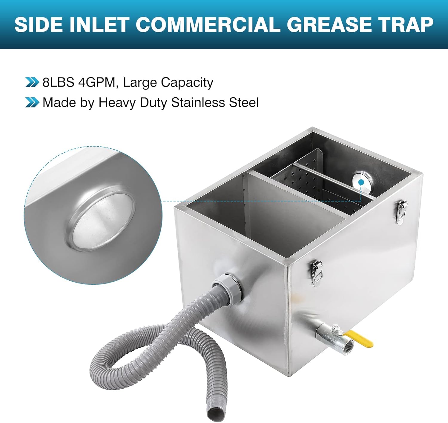 IRONWALLS 8LBS Commercial Grease Trap, Side Inlet Stainless Steel Wastewater Grease Interceptor Oil-Water Separator with Removable Mesh Filter for Restaurant Coffee Shop Home Kitchen