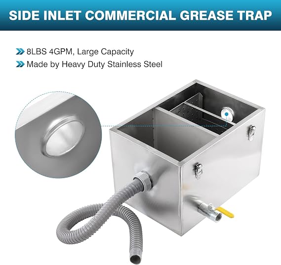 IRONWALLS 8LBS Commercial Grease Trap, Side Inlet Stainless Steel Wastewater Grease Interceptor Oil-Water Separator with Removable Mesh Filter for Restaurant Coffee Shop Home Kitchen