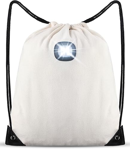 LED Drawstring Backpack Bag with Light String Bag Sackpack Women Men Gifts for Gym Beach Travel Camping (Beige)
