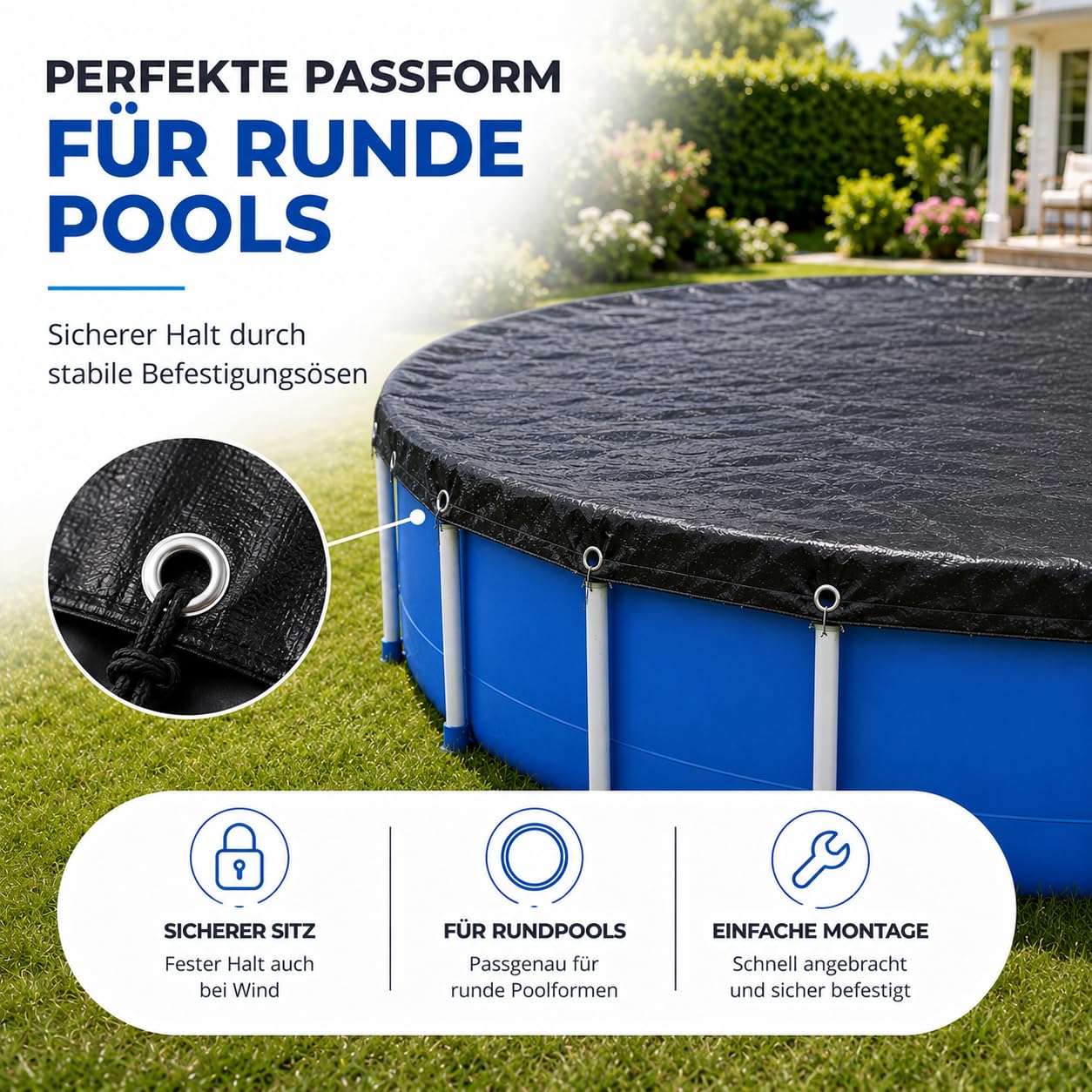 Cubierta para piscina redonda, extragruesa, 200 g/m², resistente a los rayos UV, solar para verano e invierno, lona negra para piscina (420 – 460 cm (Ø 520 cm)