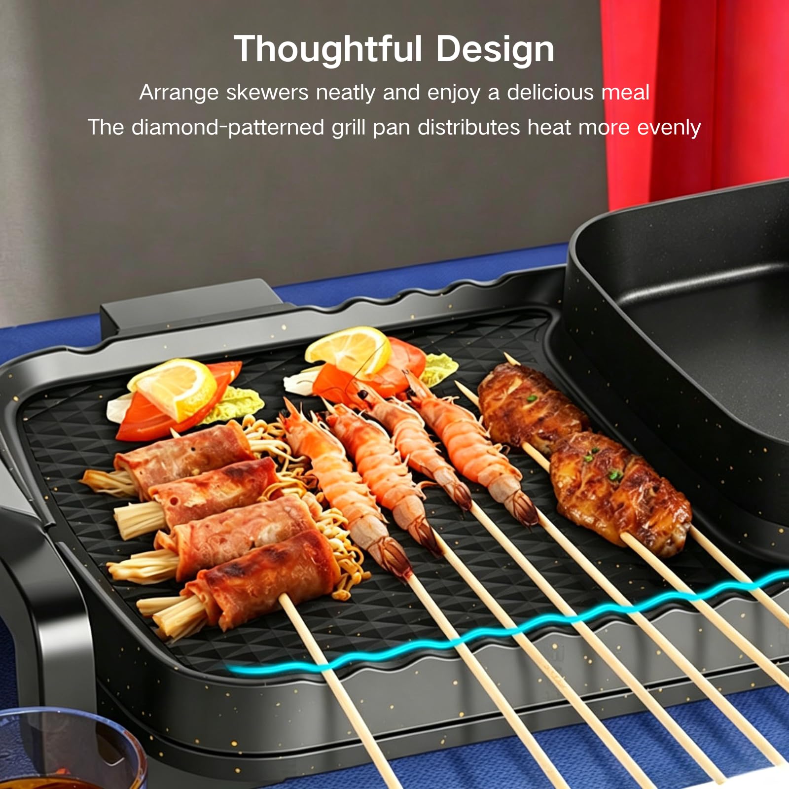 Electric Hot Pot und grill Elektrisch Hotpot Topf Elektrogrill 2 in 1, mit Klarer Deckel Indoor Korean BBQ Thai Barbecue Fondue Raclette für 6 Personen, 5 Gang Separate Temperaturregelung