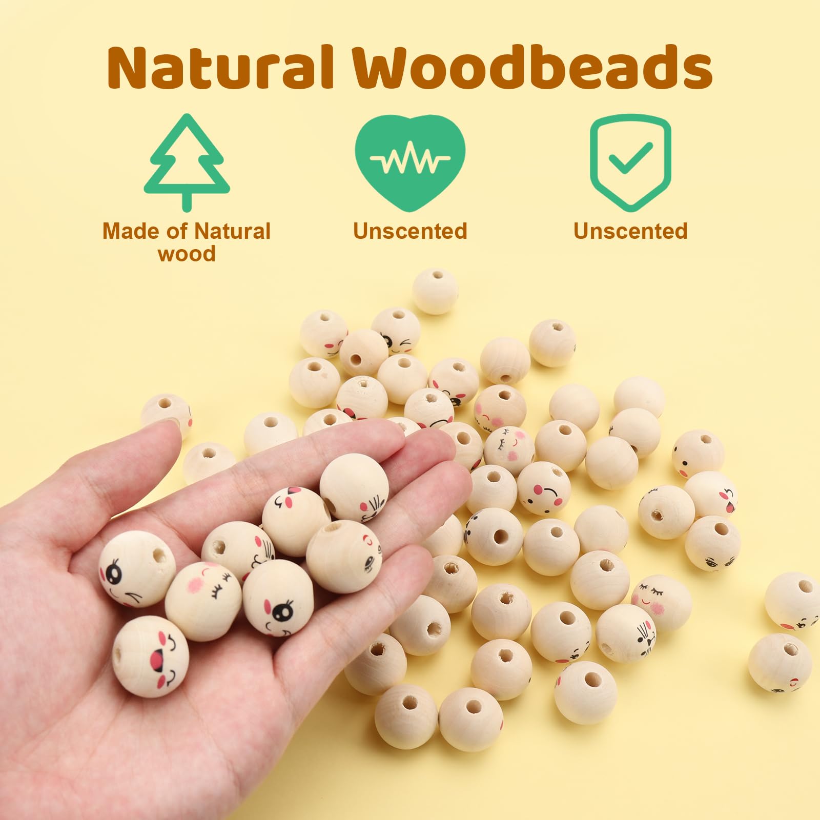 Elektheim 20 mm Natural Wooden Beads with Face, Pack of 70 Round Wooden Balls with Face, Ideal for DIY Crafts and Gifts - Image 3