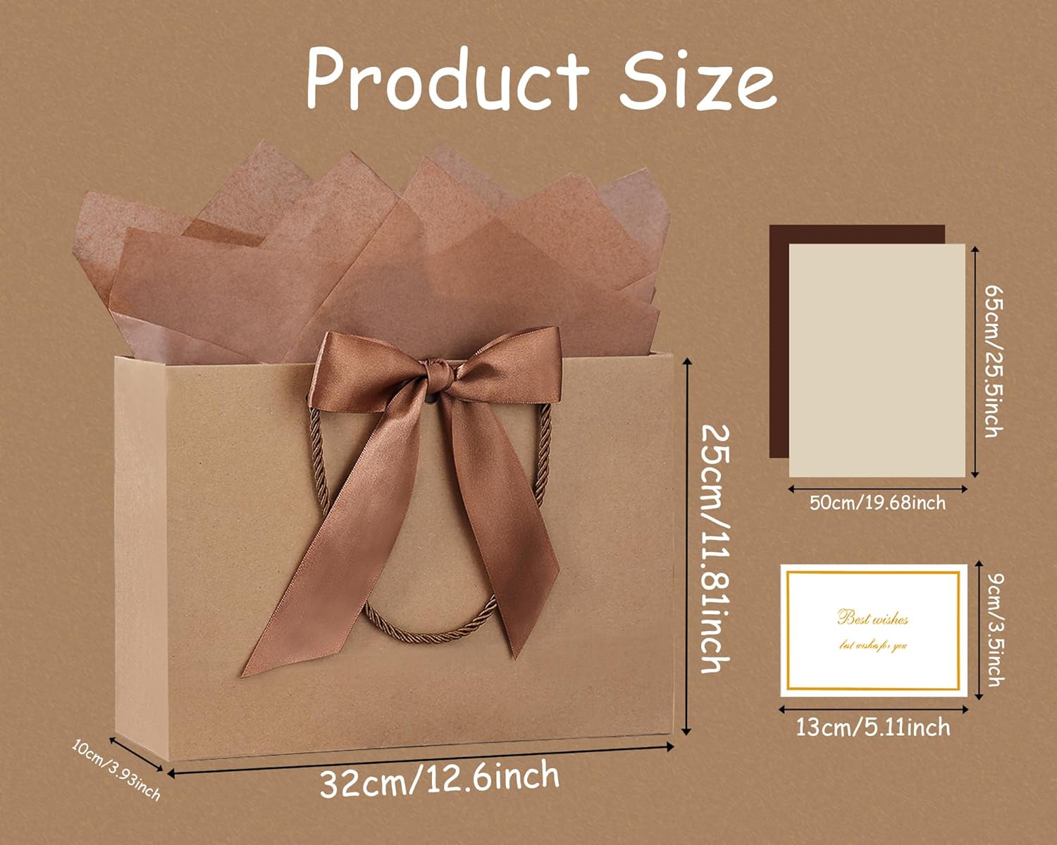 YoungTree 2PCS Medium Gift Bags with Ribbon and 2 Greeting Cards 4 Tissue Papers, Paper Birthday Gift Bags with Handles, Present Bags for Valentines Day Wedding Baby Shower Party Supplies (Kraft) - Image 5