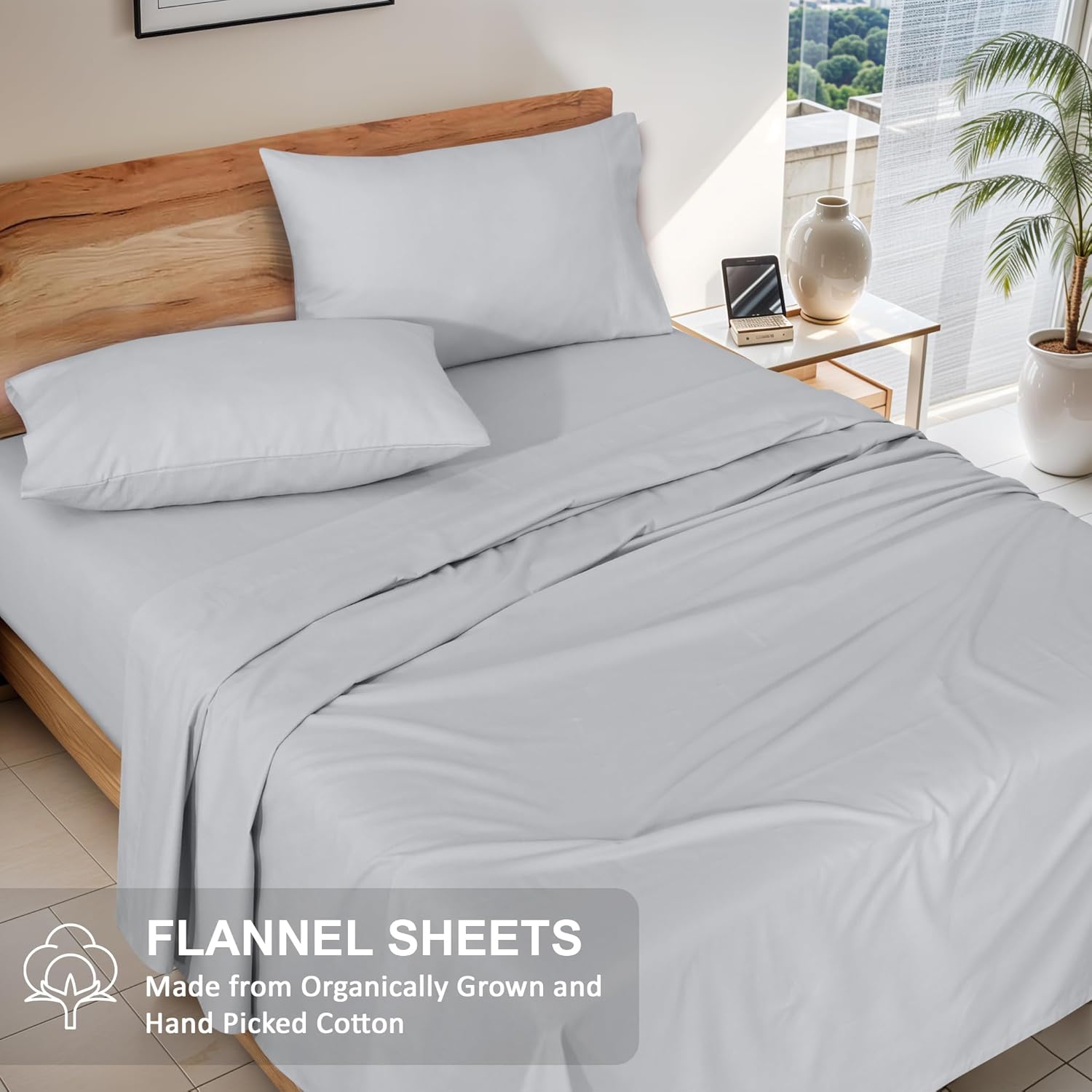 RUVANTI Flannel Sheets Queen Size - GOTS Certified 100% Organic Cotton, 4 Piece Warm, Soft & Breathable Set, Deep Pocket Snug Fit, Double Brushed Cozy All Season Bedding, Light Grey - Image 4