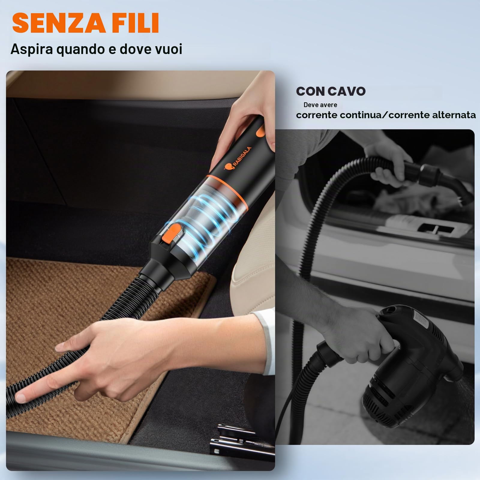 RABIGALA Aspirapolvere portatile a batteria 4 in 1, 30000PA per auto ad alte prestazioni, vincitore del test della batteria, 3 marce, 280000 giri/min, pour Voiture, Cuisine, PC, canapé, Bureau