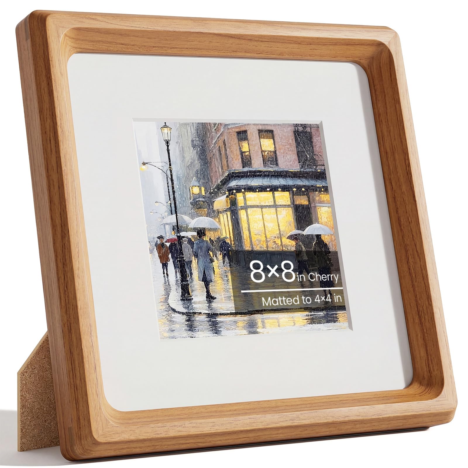 8x8 Photo Frame, Natural Solid Cherry Wood Picture Frame with Tempered Glass, Handcrafted Rounded Corner 8x8 in Square Frames Matted to 5x5 in Photos, Wall or Tabletop Display Poster