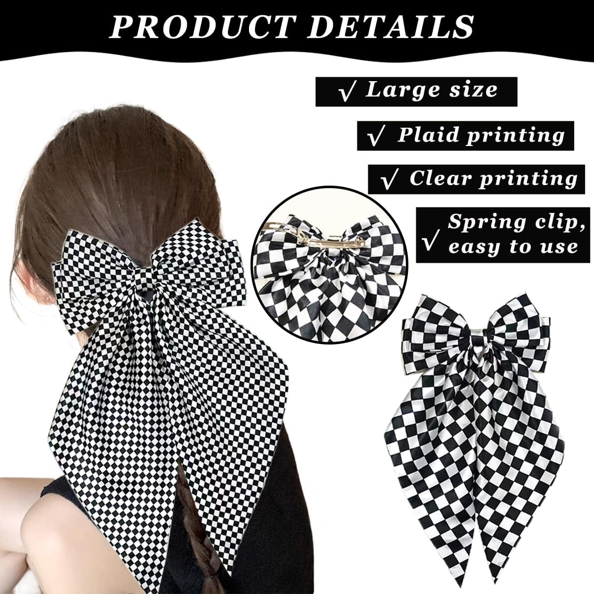 4 PCS Oversized Hair Bows for Women Girls Checkered Bow Hair Clips Large Black White Bowknot Barrettes Long Tail Vintage Headdress Fashion Ponytail Hairpin Metal Duckbill Clip Hair Accessories - Image 3