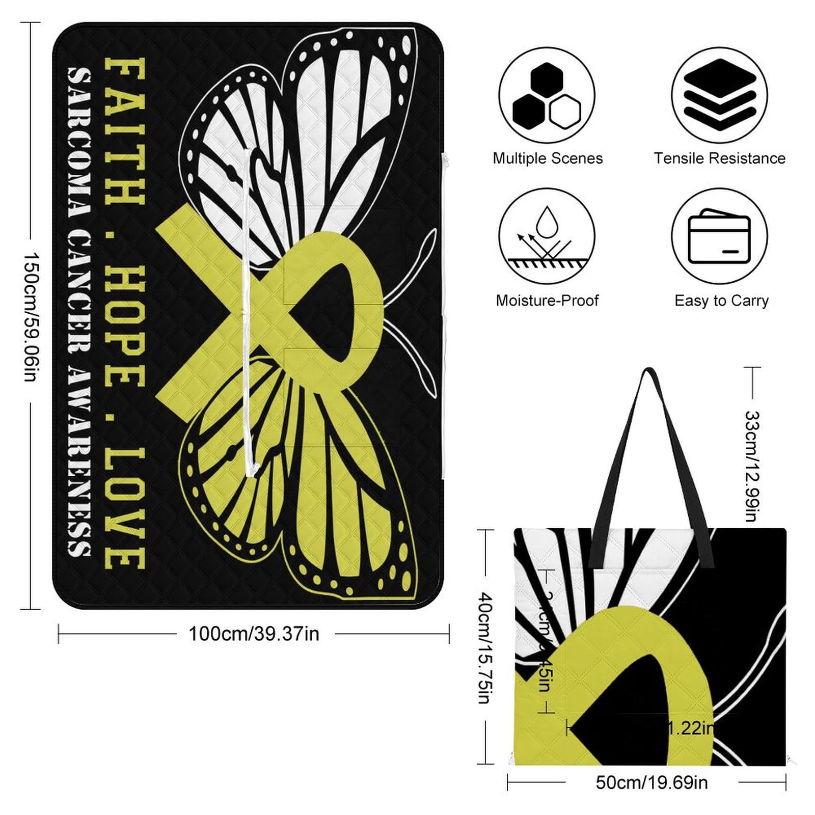 generic Butterfly Sarcoma Cancer Awareness Picnic Blankets,Portable Waterproof Foldable Picnic Mat,Sandproof Outdoor Mat for Park Picnic Blanket Accessories for Adults