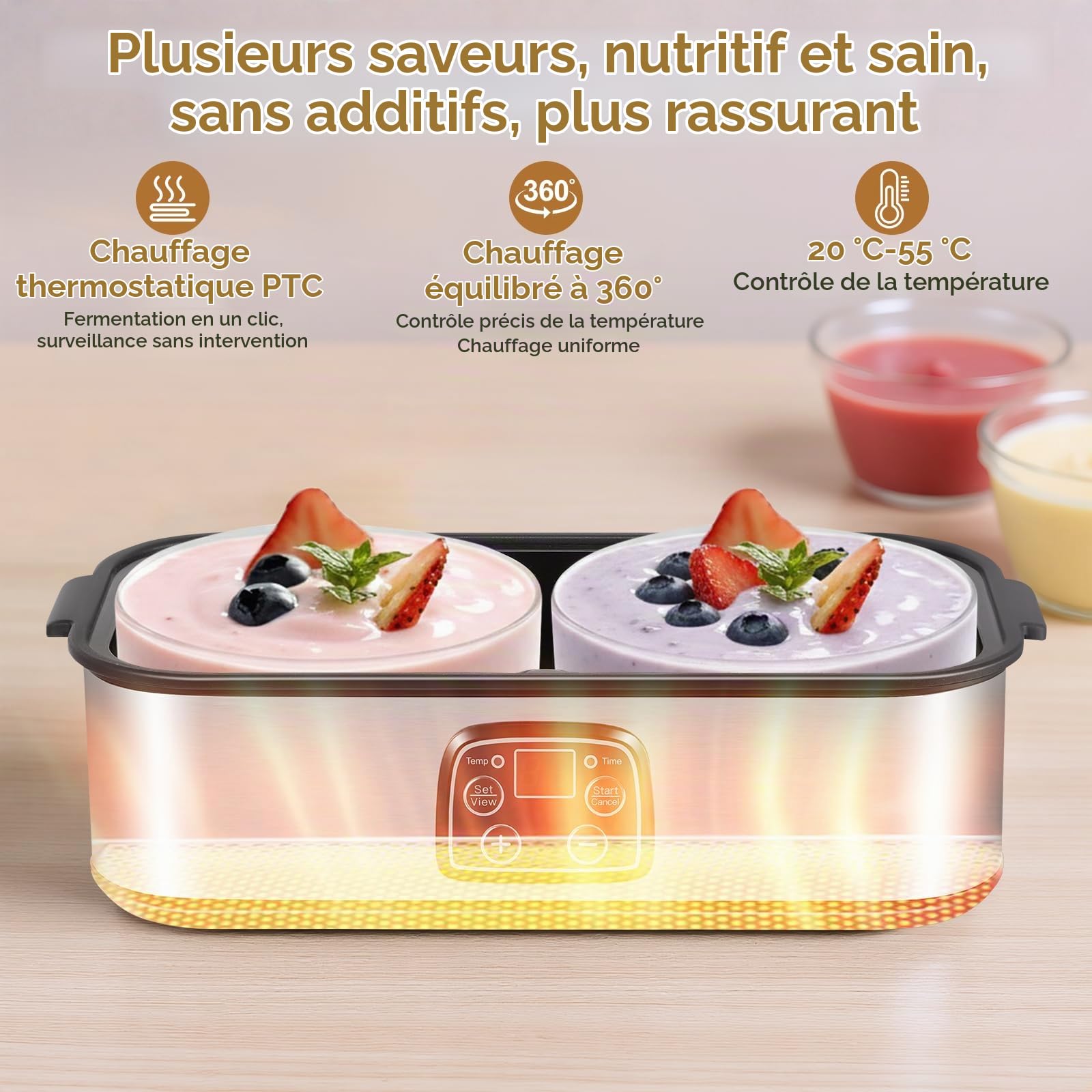 Yaourtière 2 l, yaourtière avec écran LED et 2 récipients en verre de 1000 ml, yaourtière avec température et minuterie réglables, yaourtière pour yaourt bio, fromage, natto, desserts sains