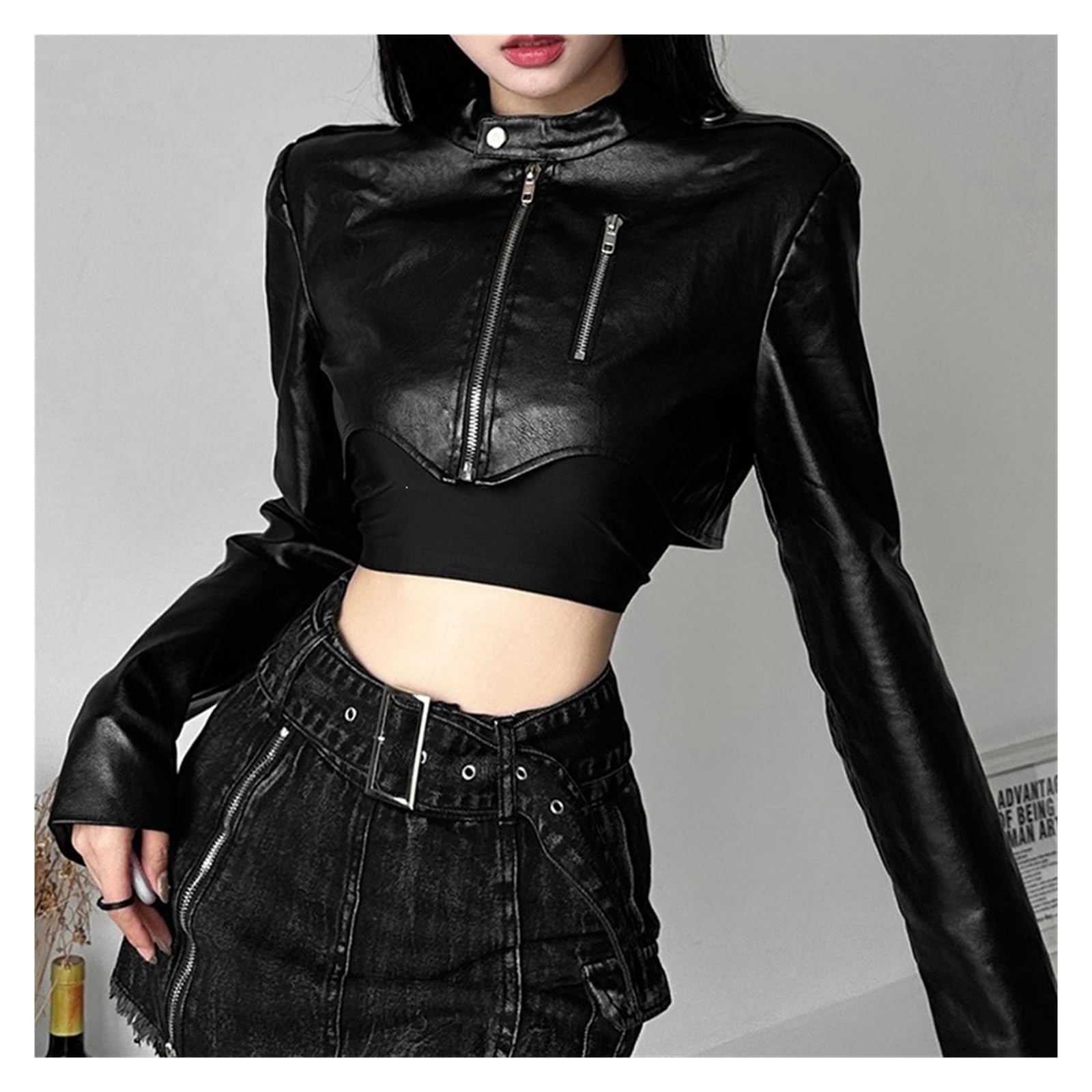 Y2K Veste Slim À Manches Longues Et Col Rond Uni Avec Fermeture Éclair