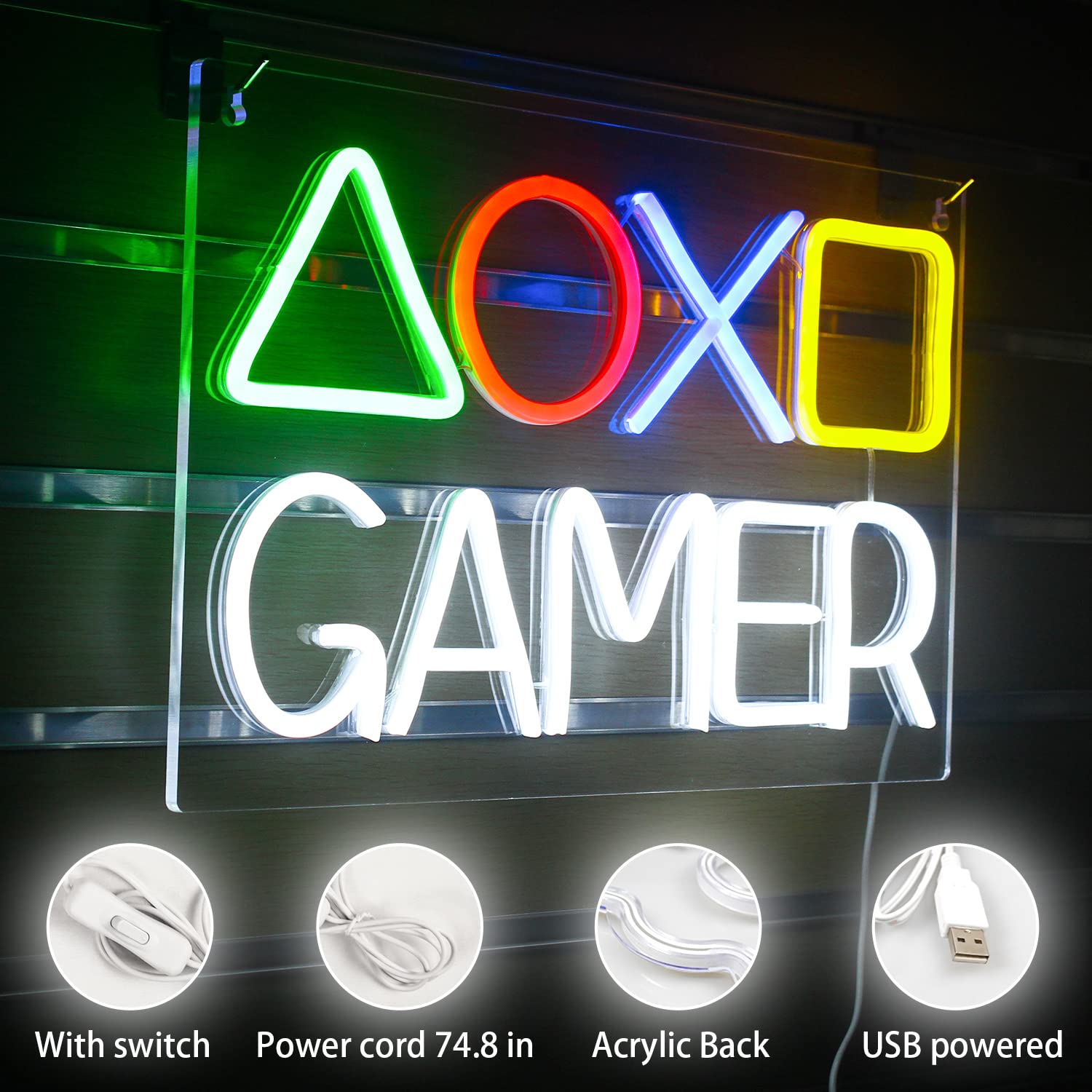 Game On Neon Sign - Colorful LED Gamer Wall Decor With Dimmable USB Power