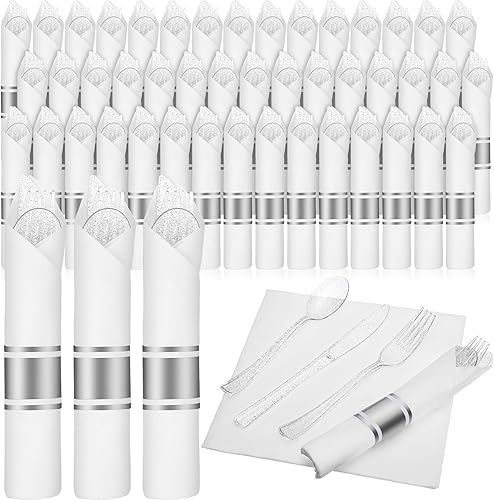 Zubebe Juego de 100 cubiertos enrollados preenrollados, desechables, de plástico, incluye tenedores, cuchillos, cucharas, servilletas envueltas para