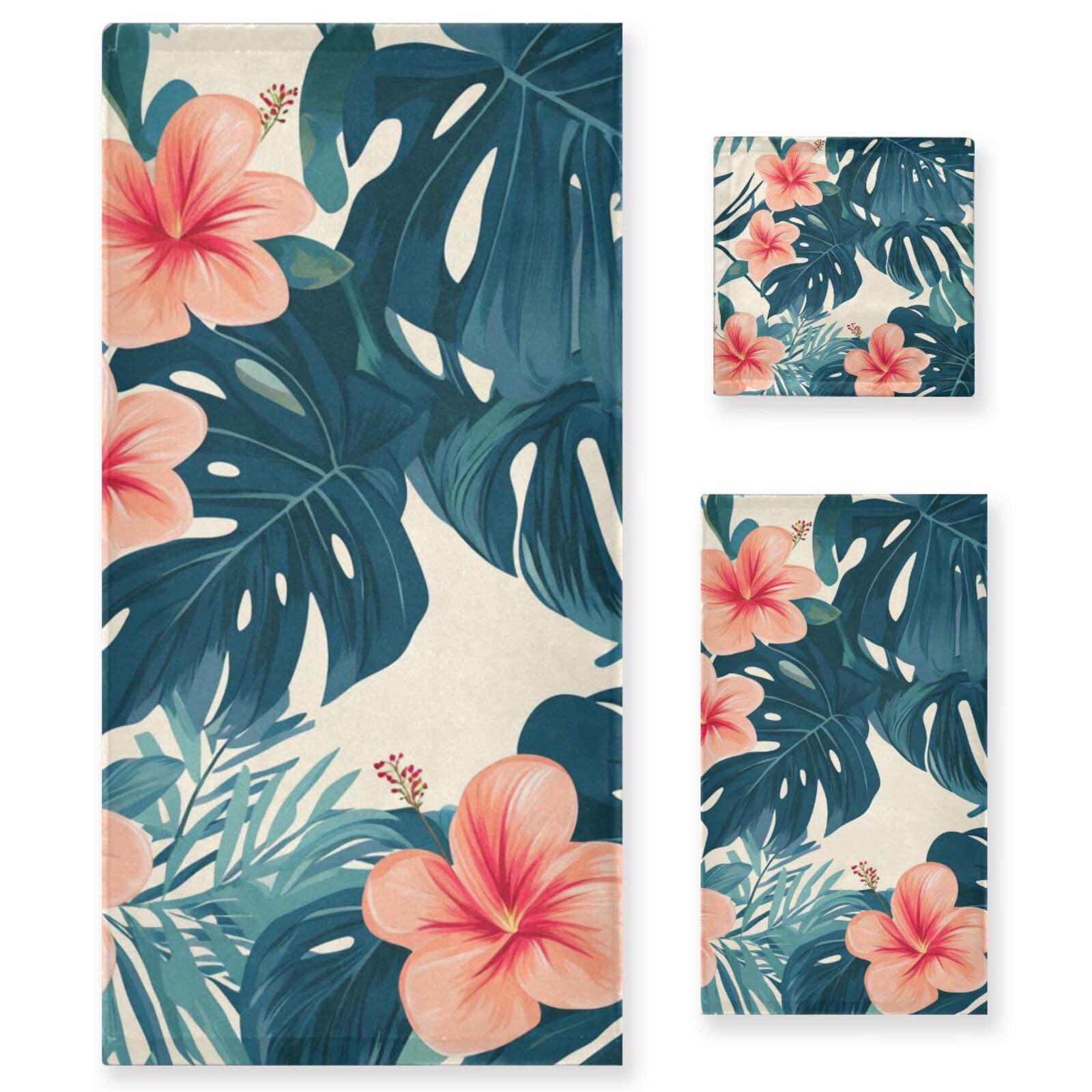 Set di 3 asciugamani per la pulizia del viso in stile tropicale con foglie verdi e fiori rossi, 1 asciugamano da bagno, 1 asciugamano per le mani, 1 panno per il viso del corpo