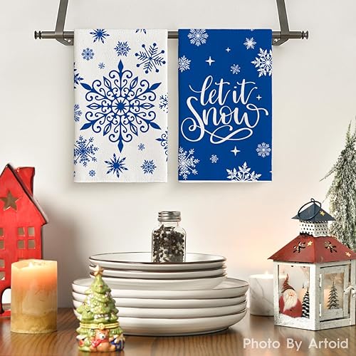 Miniatura 2 de Artoid Mode Juego de 4 toallas de cocina con diseño de árbol de Navidad azul con copos de nieve Let It Snow Merry Christmas, 18 x 26 pulgadas,