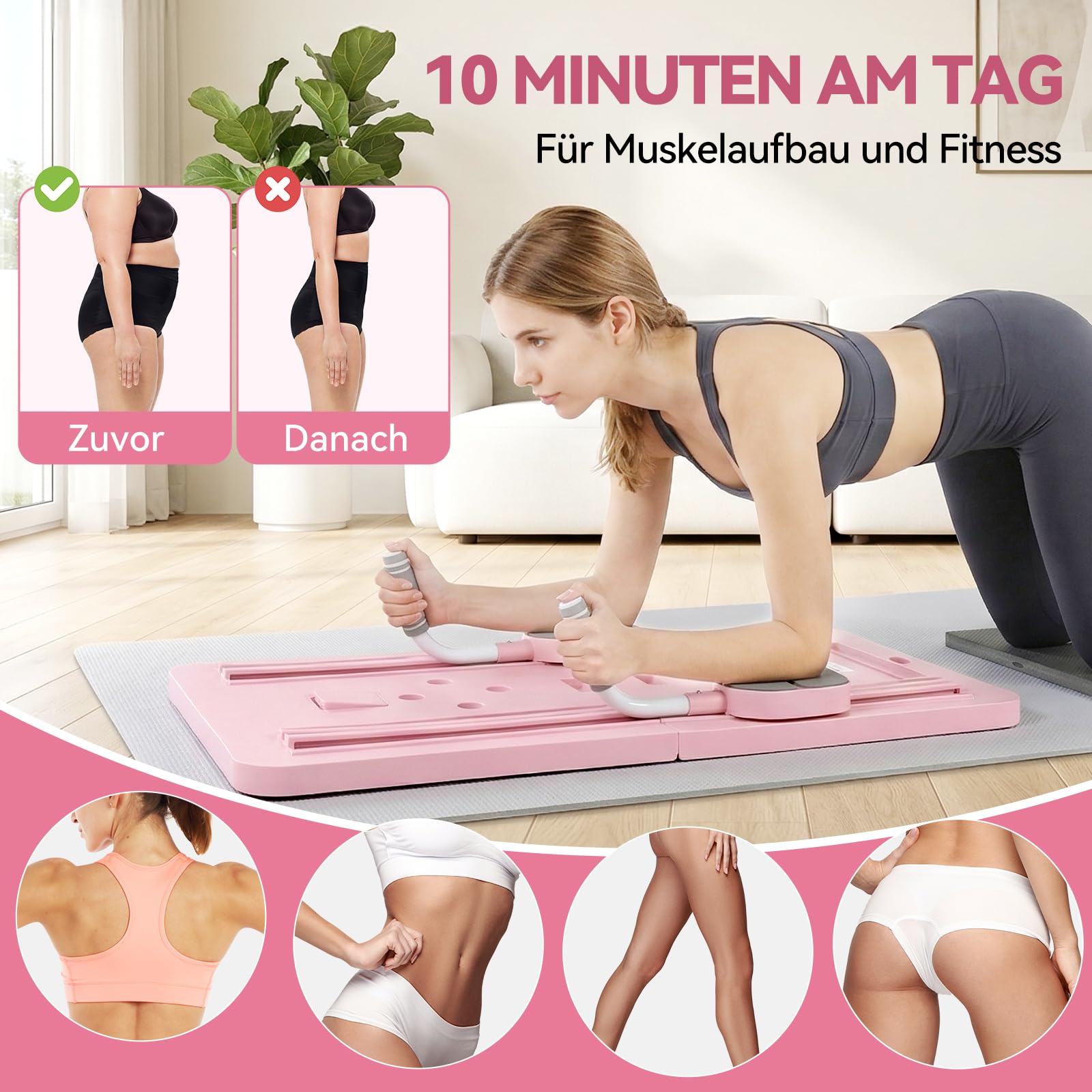 Pilates Board Faltbarer, mit Widerstandsbänder, Timer, 3 Zubehör, Plegable Zuhause Reformer für Pilates Maschine Multifunktions Equipment Set, für Frauen Ganzkörpertraining Familienfitness