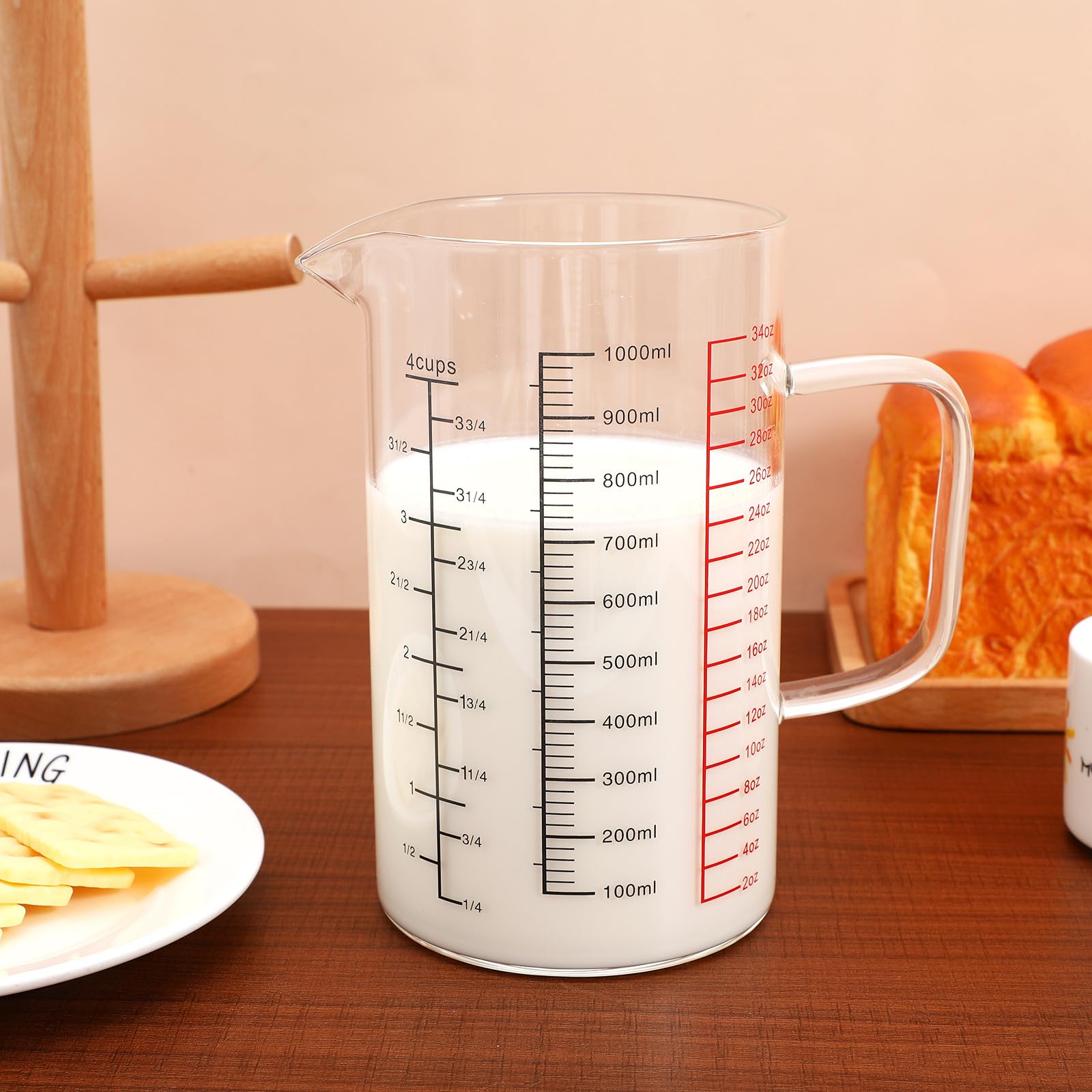 STOBAZA Taza Medidora de Vidrio de 1000 Ml con Asa, Vaso Graduado Multifuncional con Cuatro Escalas (ml, Onzas, Tazas), Resistente Vidrio de Borosilicato, Adecuado para Repostería y