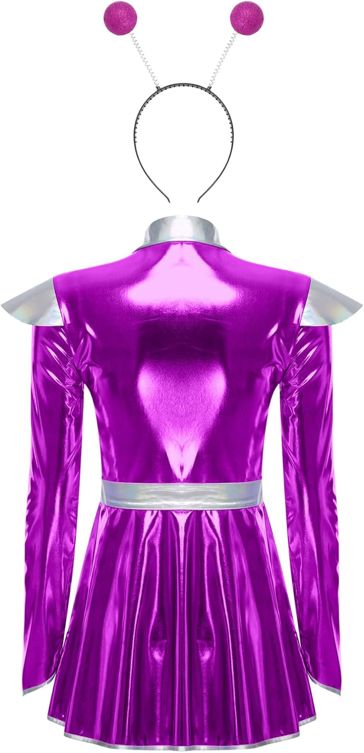 TiaoBug Women's Shiny Metallic Alien Costume A-Line Dress With Headband Outer Space Costume Costume For Carnival Theme Party