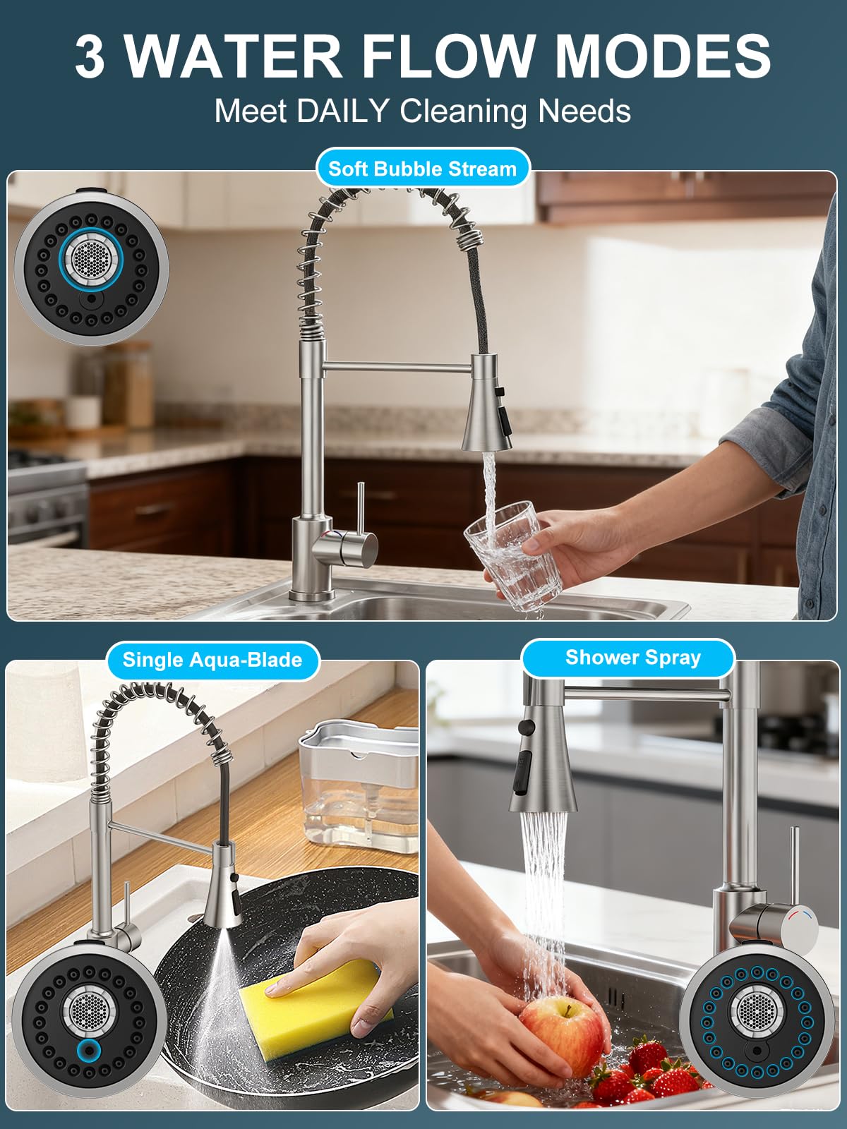 Grifo de Cocina con Ducha Extraíble – Grifo Fregadero de Acero Inoxidable 304, Cabezal de 3 Funciones, Alta Presión, Monomando en Níquel Cepillado