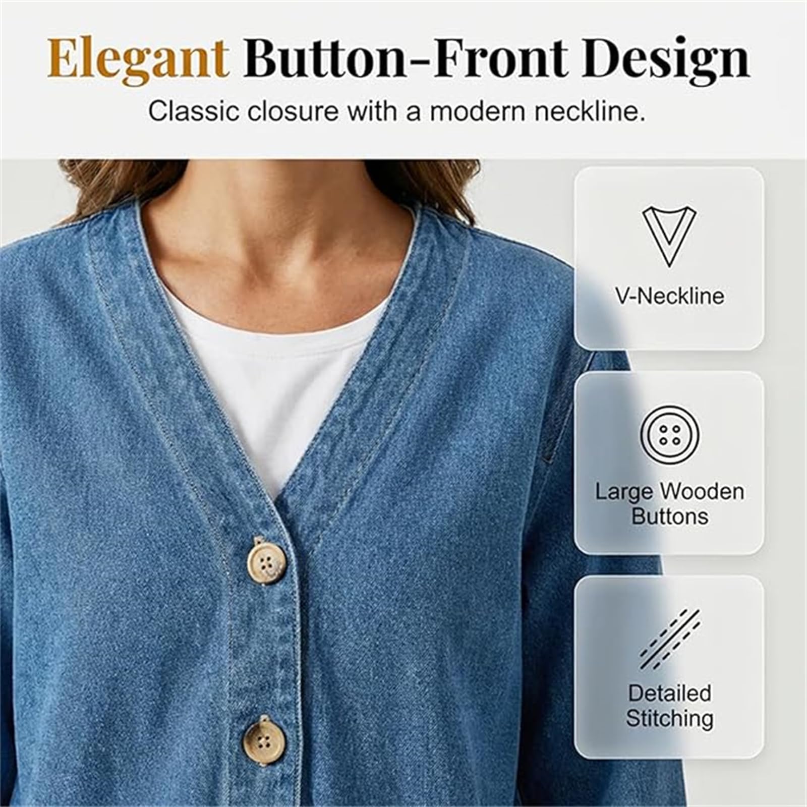 Generico Cardigan in Denim da Donna, Classico con Bottoni sul Davanti, Scollo a V, Traspirante, Comodo, Leggero, Casual, a Maniche Lunghe