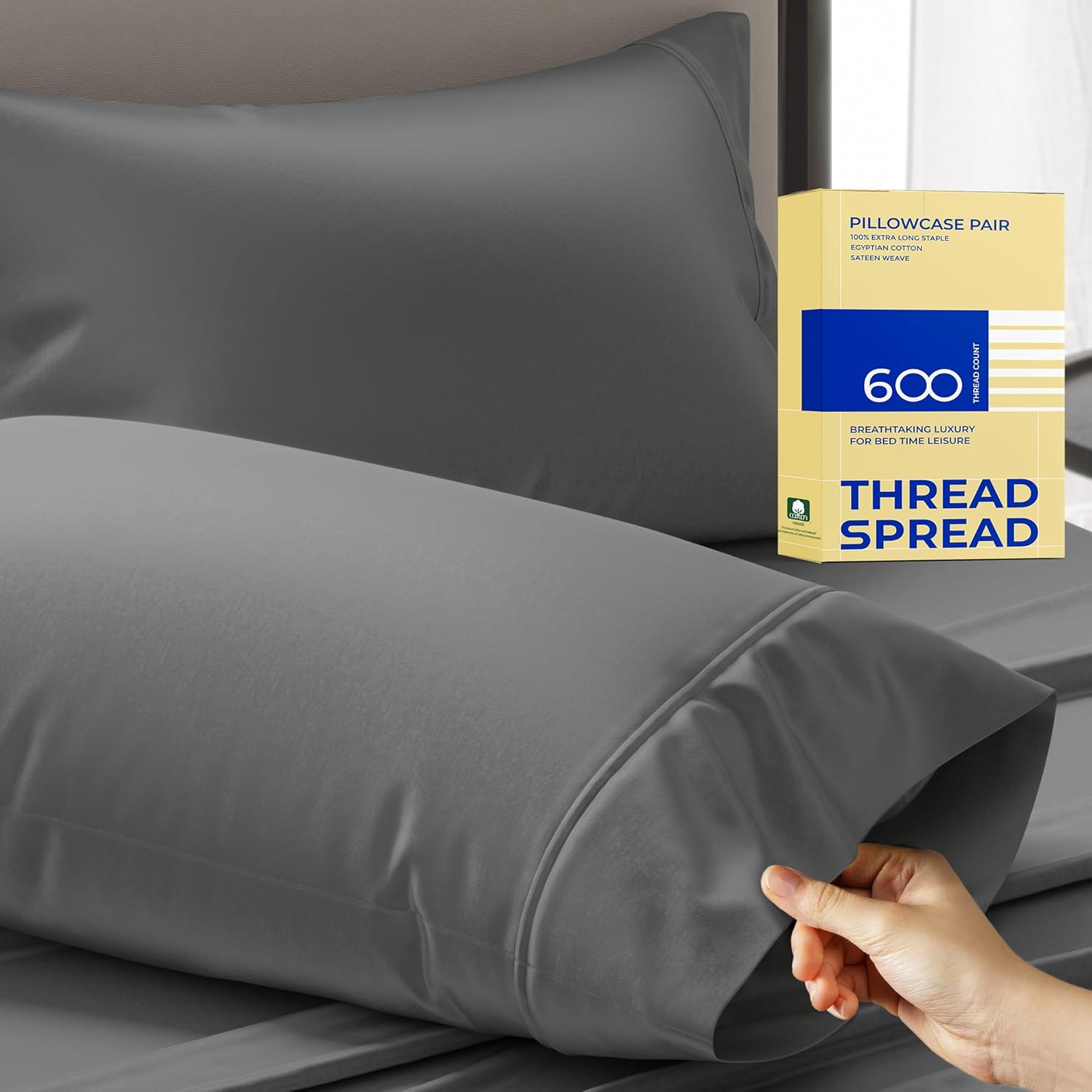 THREAD SPREAD 100% Egyptian Cotton King Size Pillow Cases Set of 2 - Luxury 600 Thread Count Pillow Cases King Size (White), Soft Cooling Hotel Quality Cotton Pillowcases with Smooth Sateen Finish