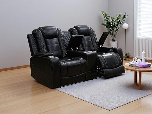 Miniatura 16 de Sofá reclinable de cuero transpirable con luz LED, sofá modular eléctrico con consola de almacenamiento, soporte para tazas para cine en casa, sala