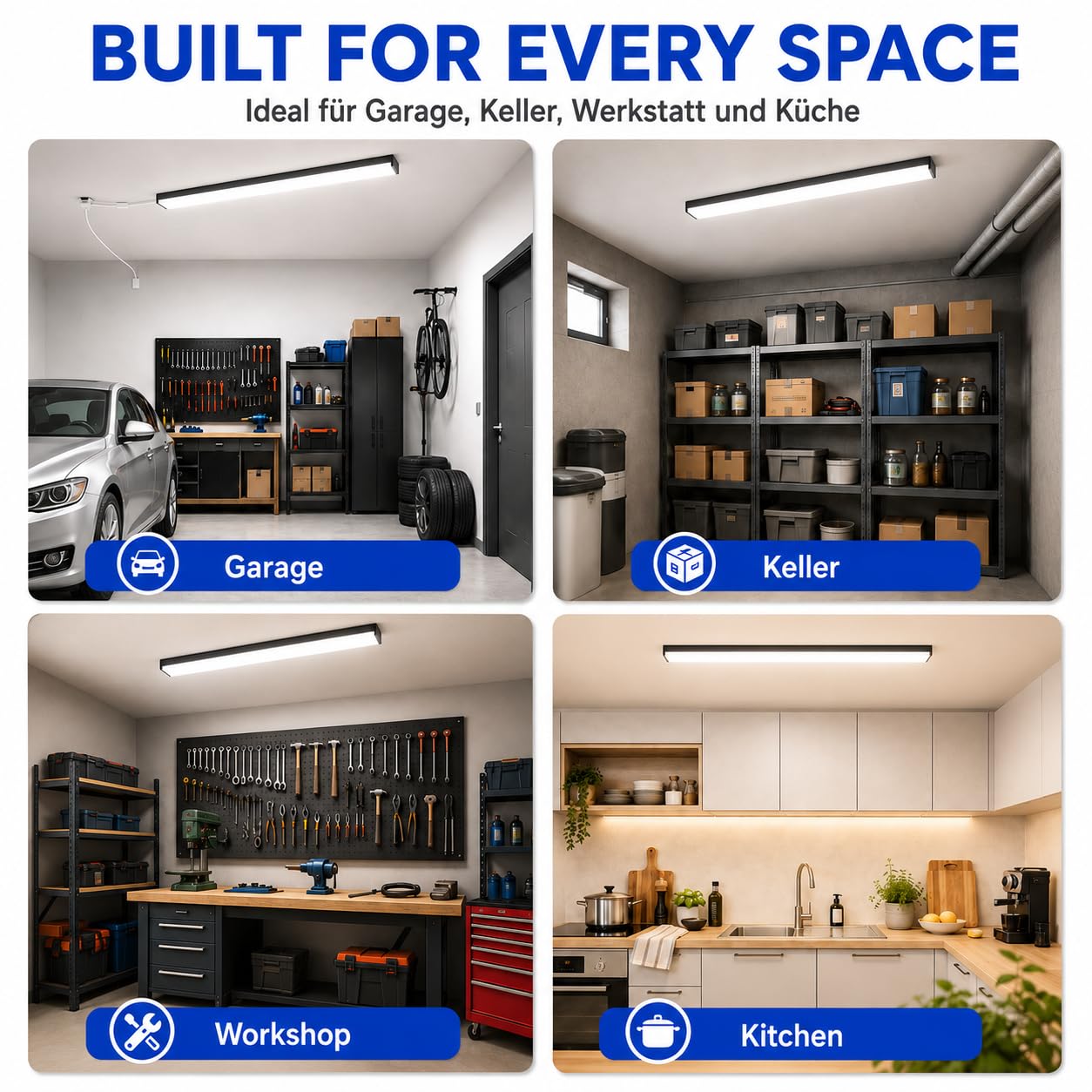 BrightFly Striscia luminosa a LED nera, 120 cm, confezione da 2 pezzi, spina UE 3CCT | 3 temperature di colore 3000 K/4000 K/6500 K, 3610 lm, moderna lampada da soffitto per cucina, garage, cantina e officina