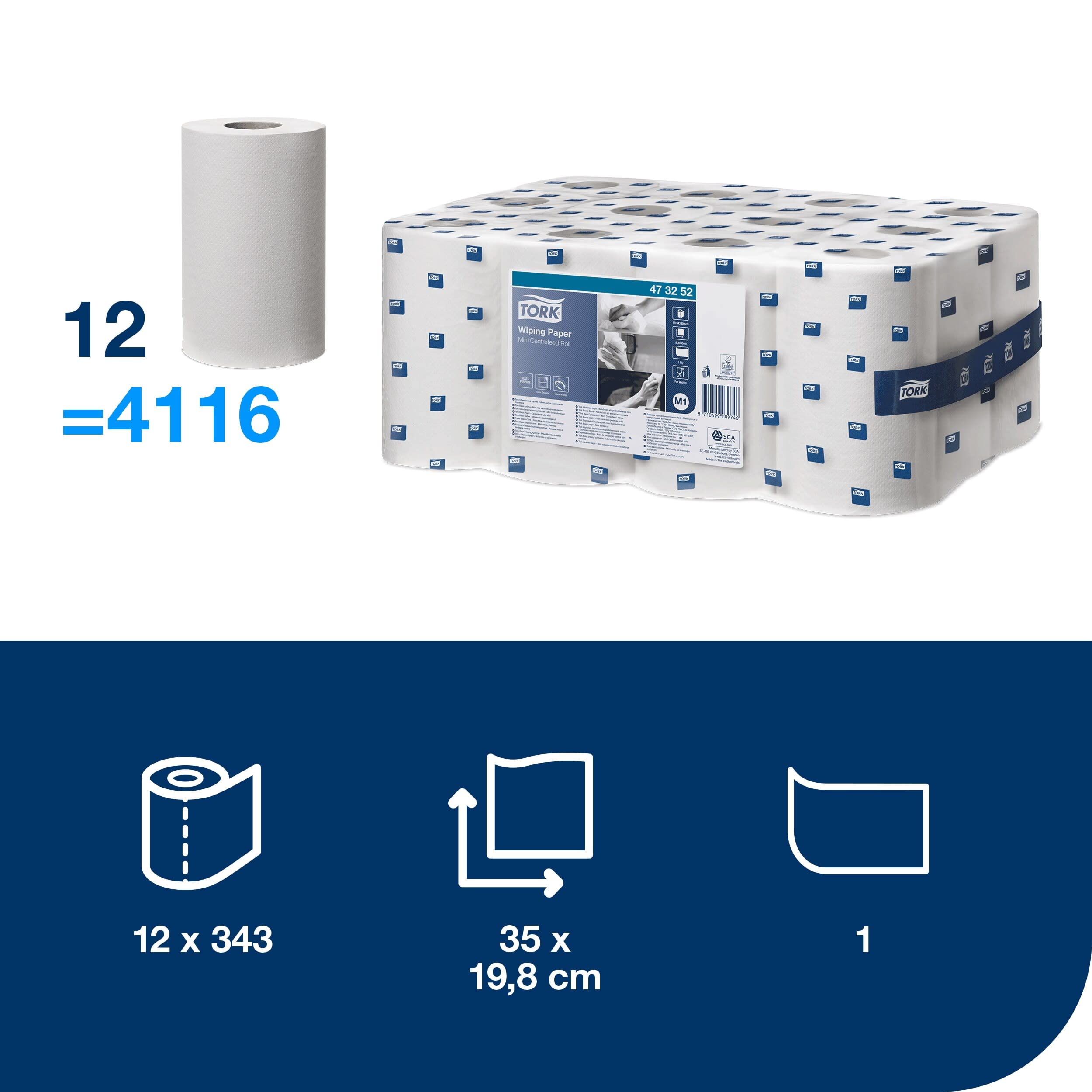Tork 473252 Papel de secado multiuso Advanced de 1 capa compatible con el sistema de alimentación central pequeño M1, cilindro de cartón sacable, blanco, 12 rollos x 343