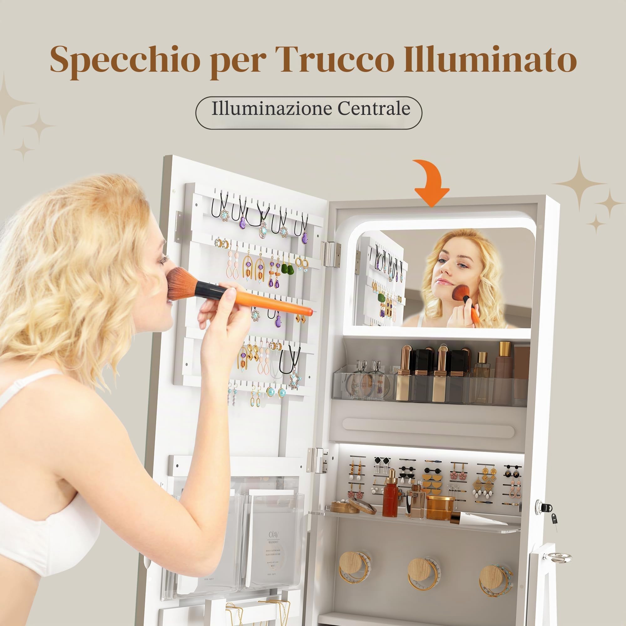 STARLEAD Specchio LED per Gioielli, Armadio Organizzatore da Terra, Lunghezza Intera, con Luce a 3 Colori Regolabile, Funzione Memoria, Fodera in Velluto, Ampio Spazio di Archiviazione, Bianco