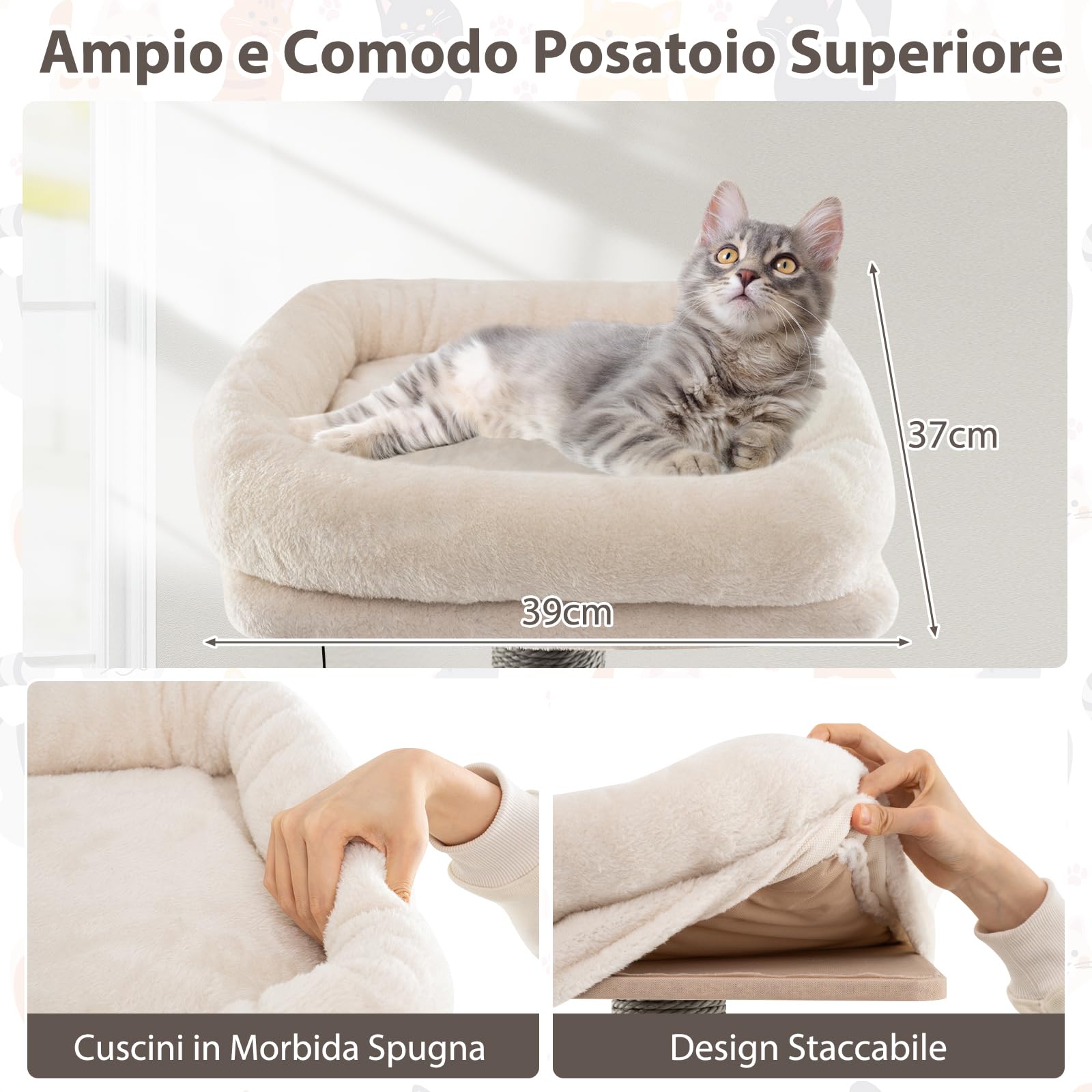COSTWAY Albero per Gatti a 6 Livelli, Torre per Gatti Alta 171 cm con Cuscino, Condominio, Tappetini Staccabili e Pannello in Sisal, Albero Tiragraffi in Legno con Palla Pompom Appesa