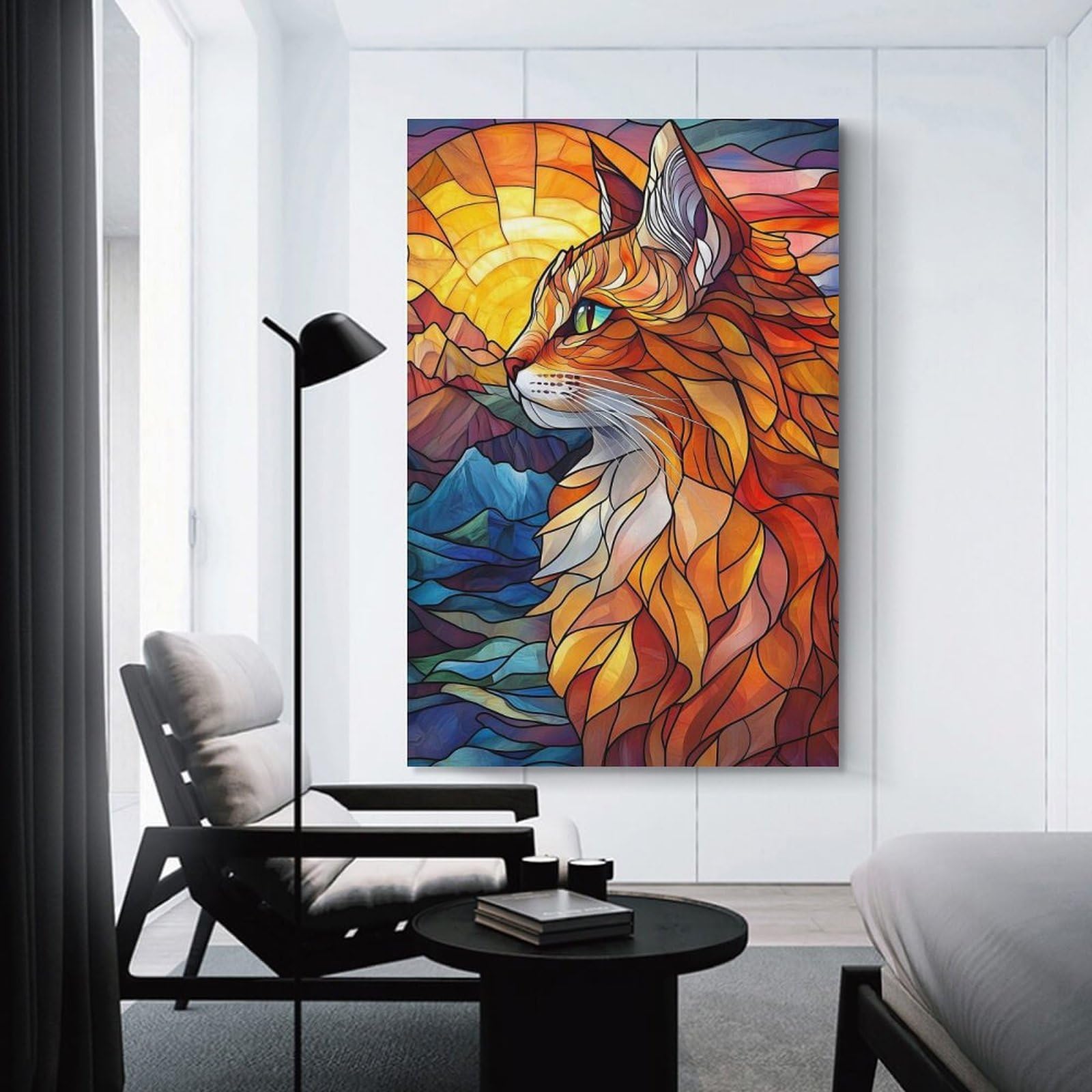 Junmoney Stained Glass Cat Canvas Wall Decor 12x18inch(30x45cm), for Workspace Walls, Study Corners Or Bedrooms, Decorative Artwork for Productive Spaces