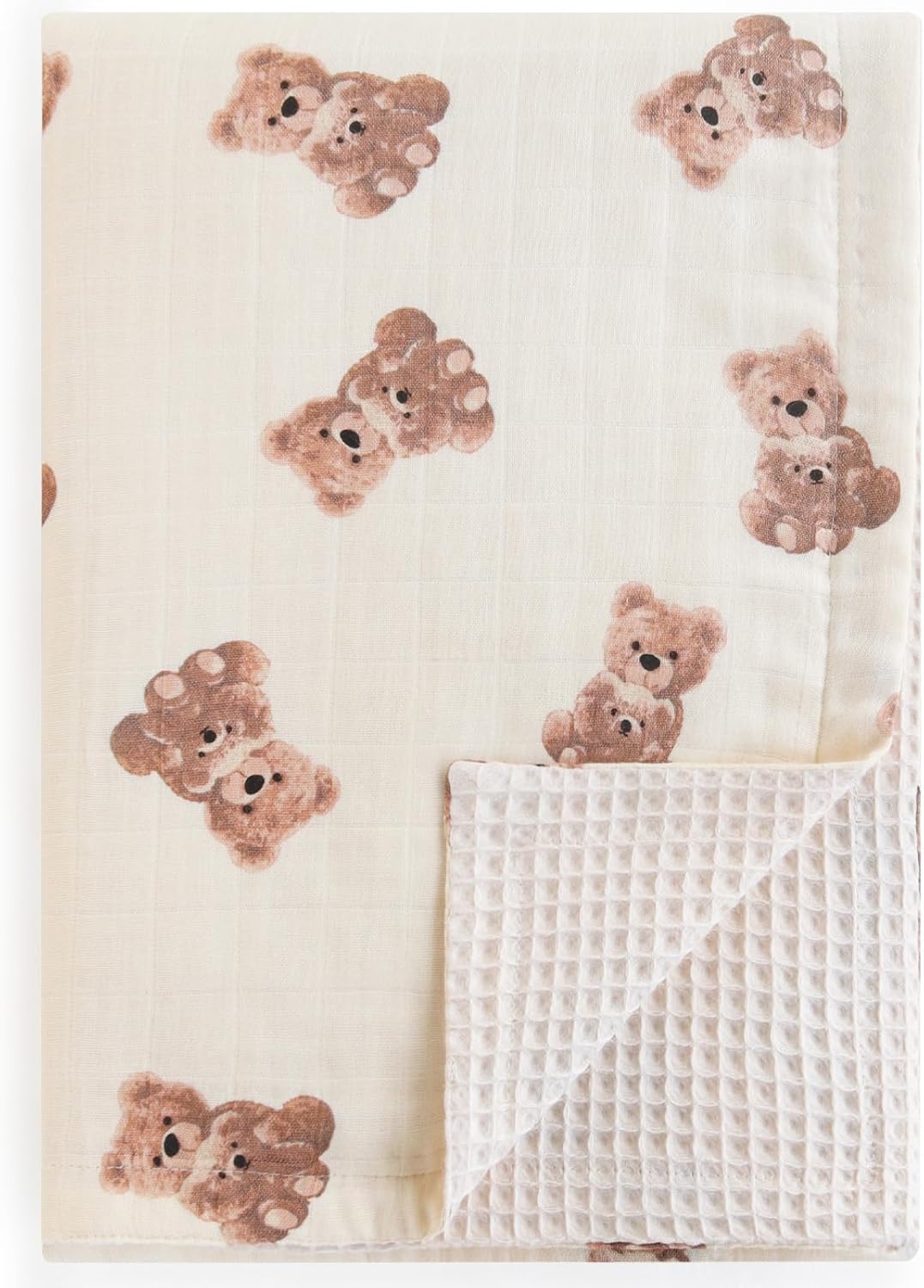 LifeTree Baby Waffle Blankets, Muslin Swaddle Blankets for Boys Girls, Double-Sided Neutral Receiving Blanket with Muslin Front and Waffle Backing Infant Newborn, Bear Pattern
