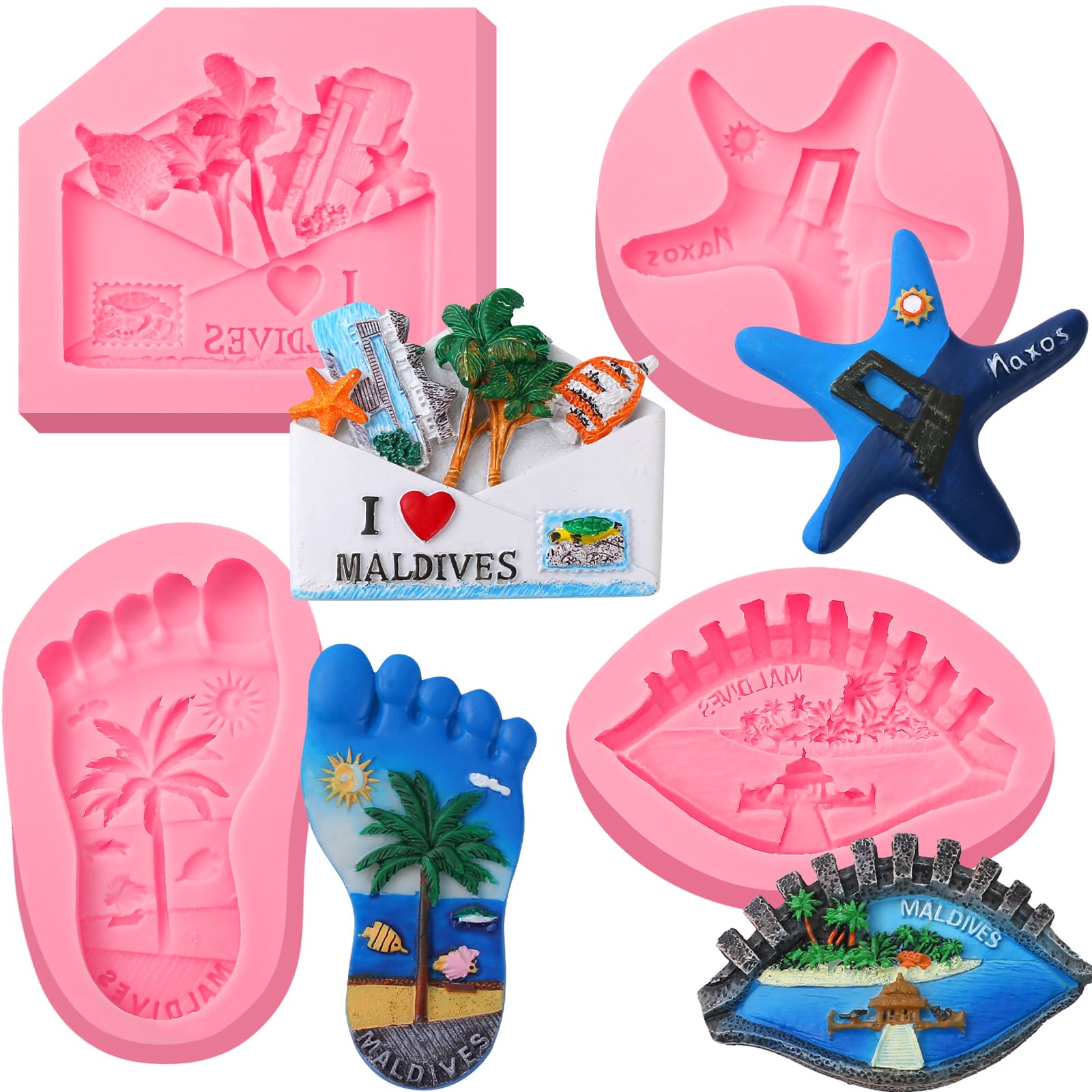 IKOJING 4 Pcs Ocean Star Foot Fondant Molds, Greek Ocean Scenery Gift Bag Envelope Eye Chocolate Silicone Molds, for DIYCandy, Marzipan, Mousse, Chewing Gum, Flower Paste, Dough, Plaster, Resin, Clay