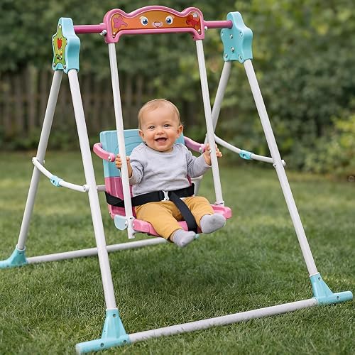 BabyGo Kids Swing for 1–5 Years | Heavy-Duty Metal Frame Baby Swing Seat with Safety Belt | Indoor & Outdoor Foldable Toddler Swing | 30kg Capacity | Easy DIY Installation – Blue & Pink