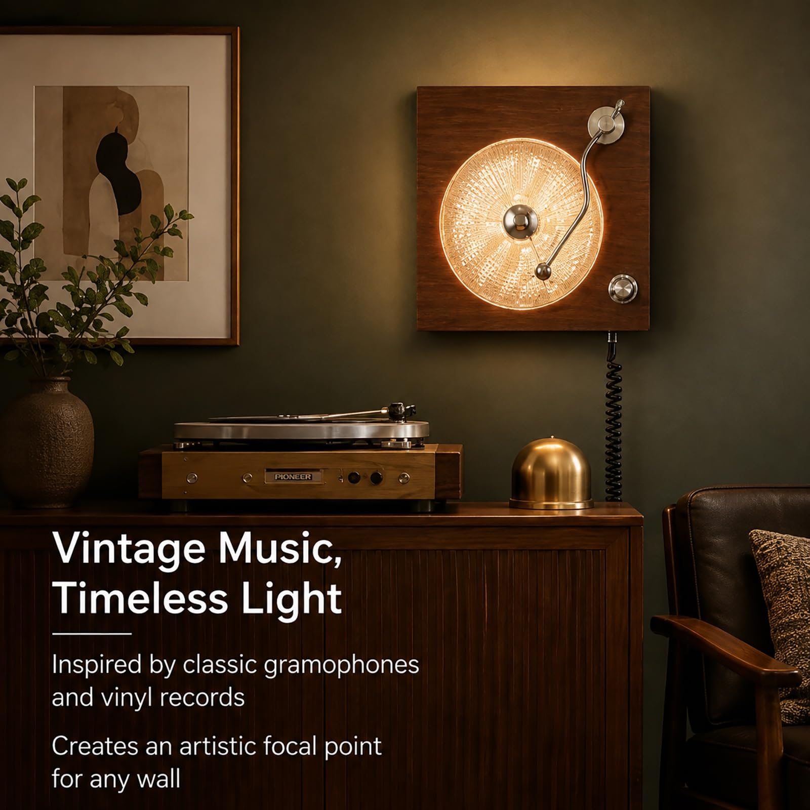 Lampa ścienna w stylu vintage, model inspirowany gramofonem | Funkcją ściemniania, Design retro nawiązujący do płyt winylowych, płynna regulacja jasności, klosz ze szkła o fakturze